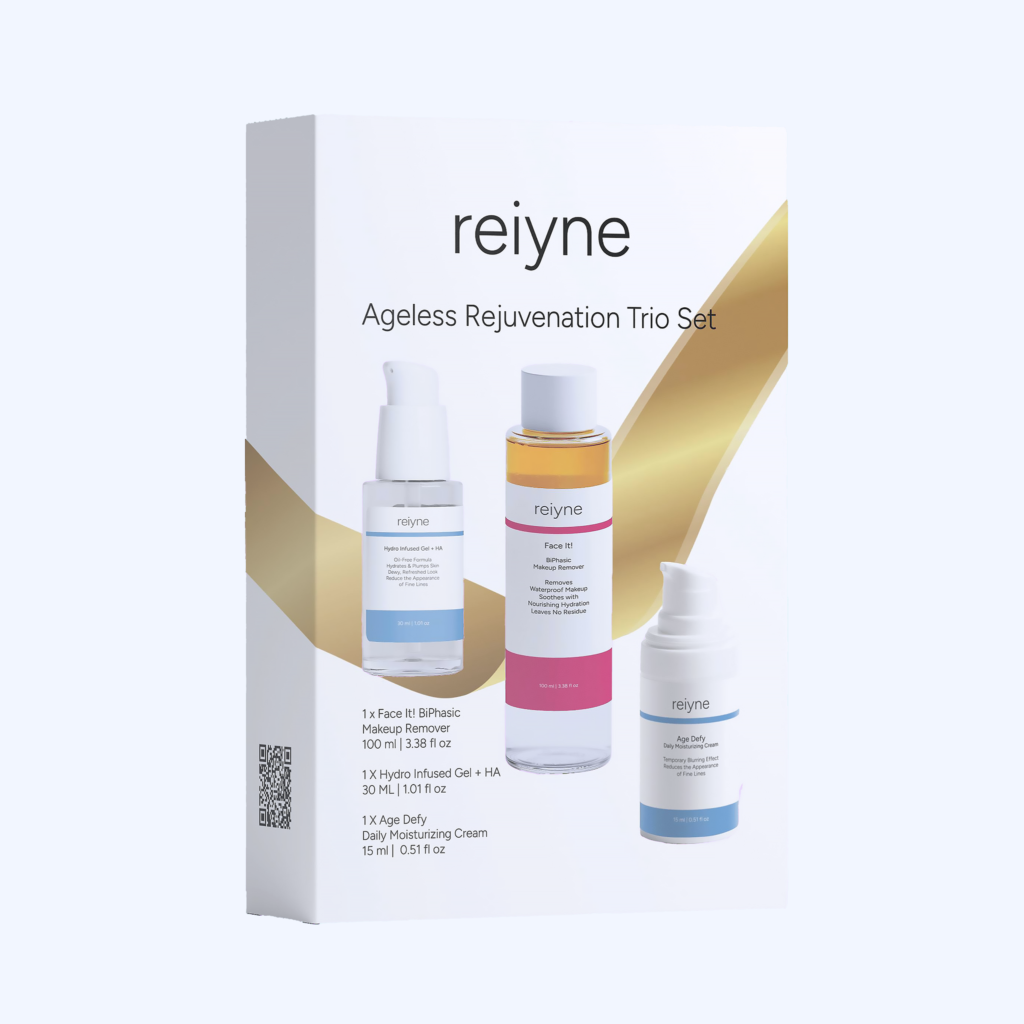 Reiyne Ageless Rejuvenation Trio Set packaging on a light blue background
