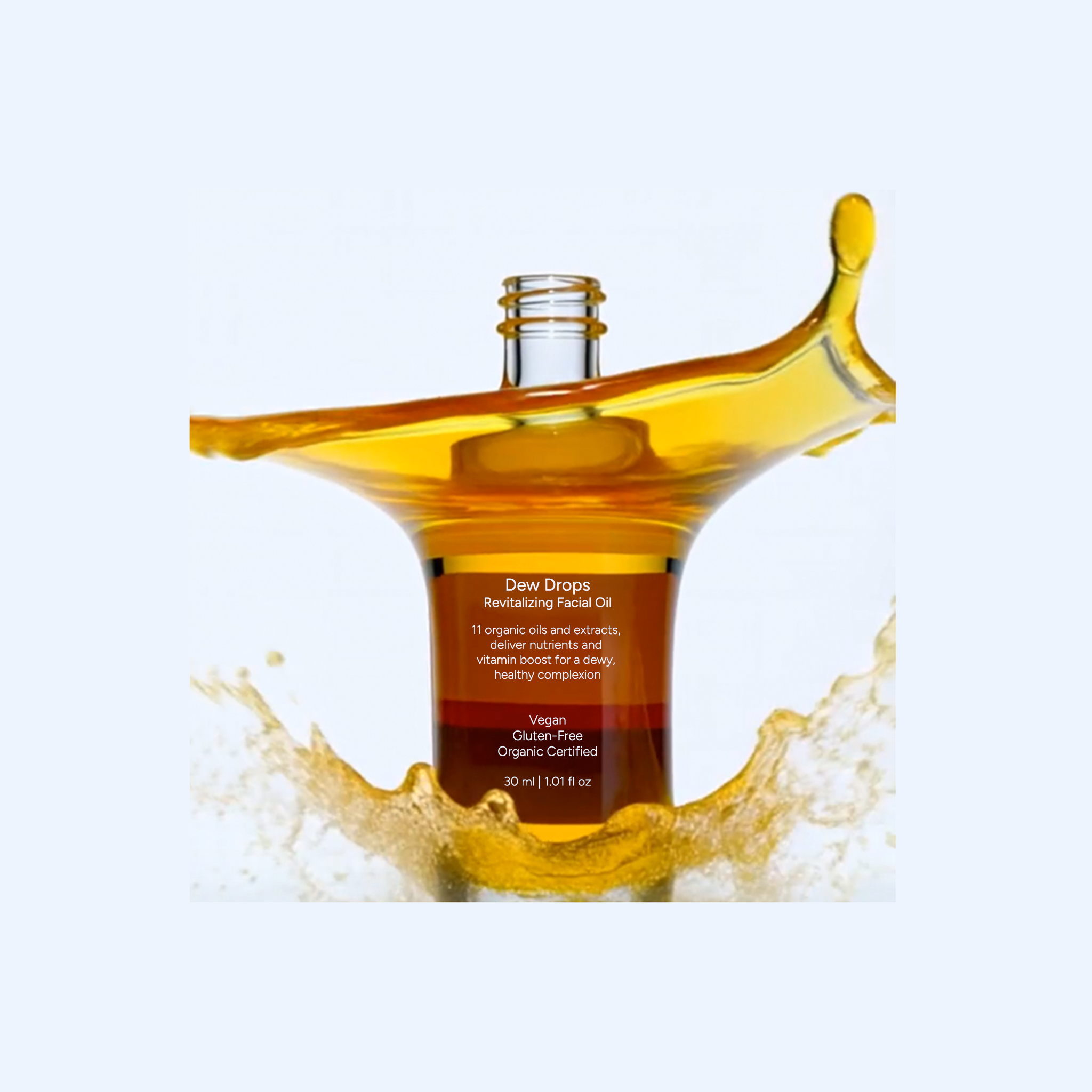 Bottle of Dew Drops oil with a splash effect on a light gray background