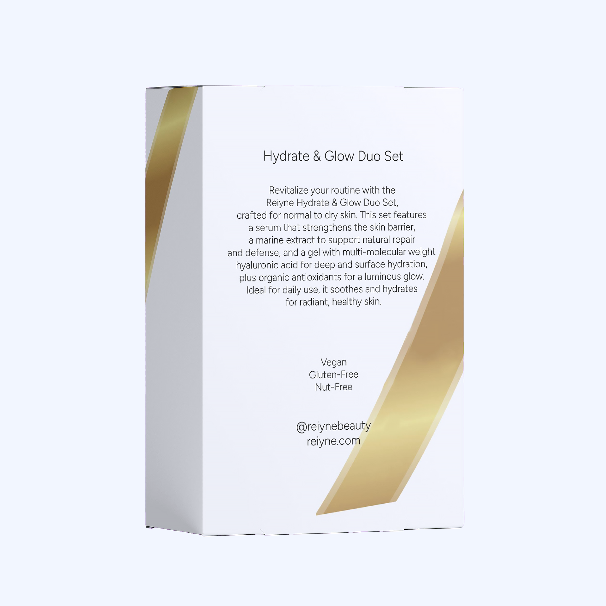 Reiyne Beauty Hydrate & Glow Duo Set packaging with gold accents on a white background