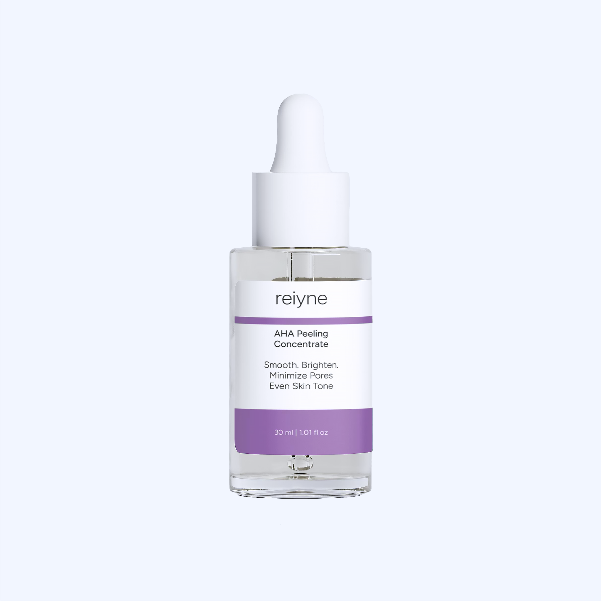 Reiyne AHA Peeling Concentrate in a clear bottle with white dropper and a purple and white label