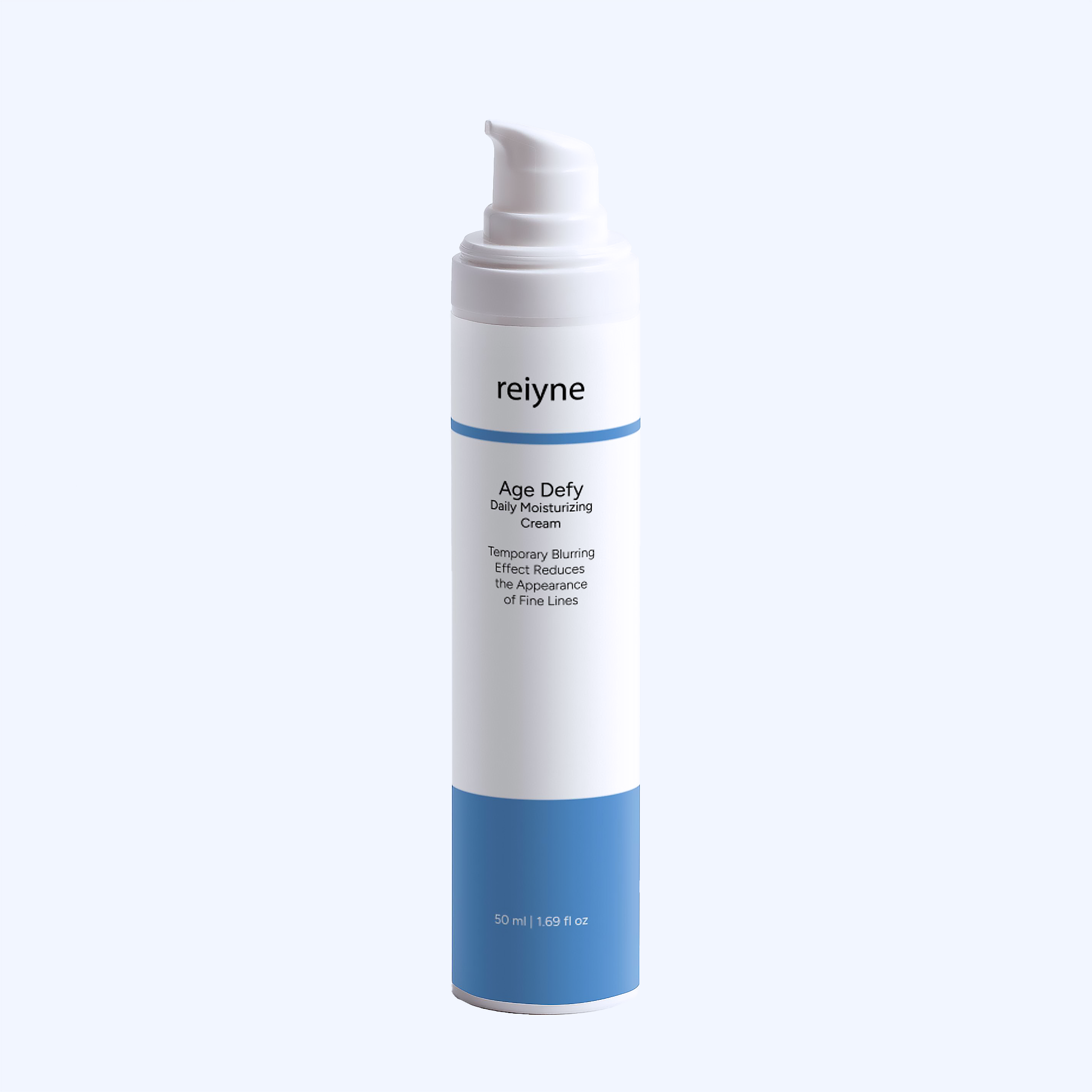 Reiyne Age Defy Daily Moisturizer in a white airless pump bottle with blu and white label