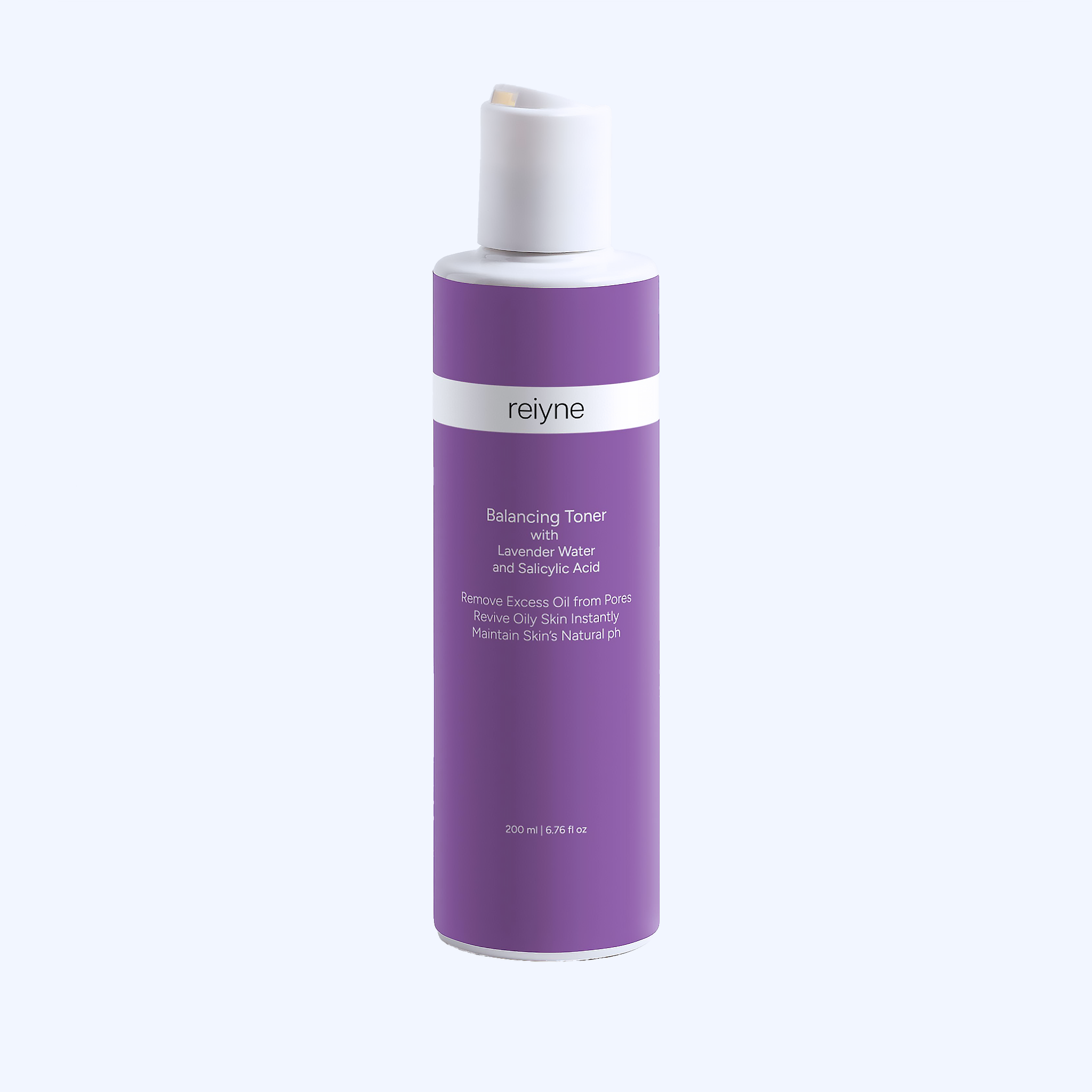 Reiyne Balancing Toner with Lavender and Salicylic Acid in a white bottle with purple and white label