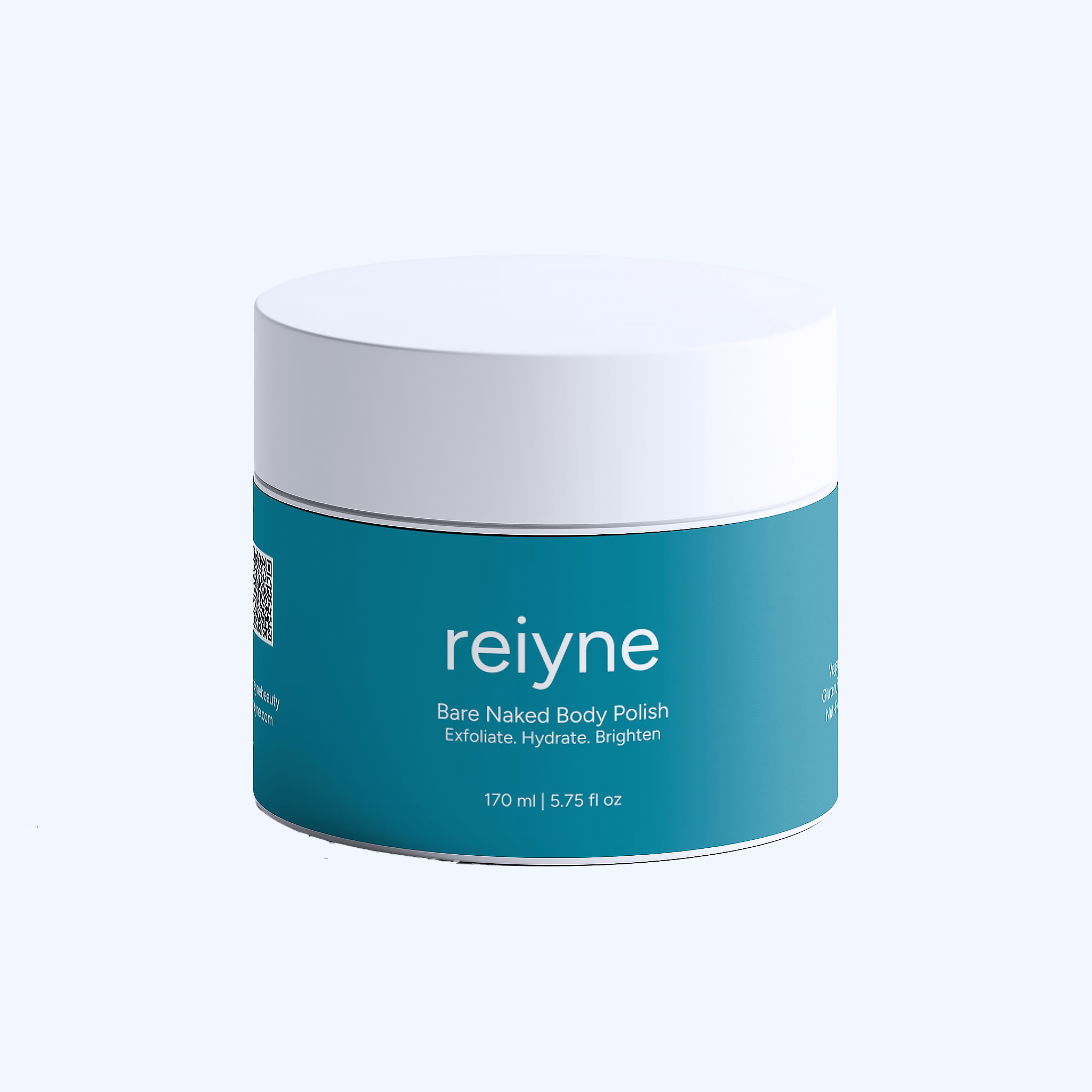 Reiyne Bare Naked Body Polish in a white Jar and a Blue and white label