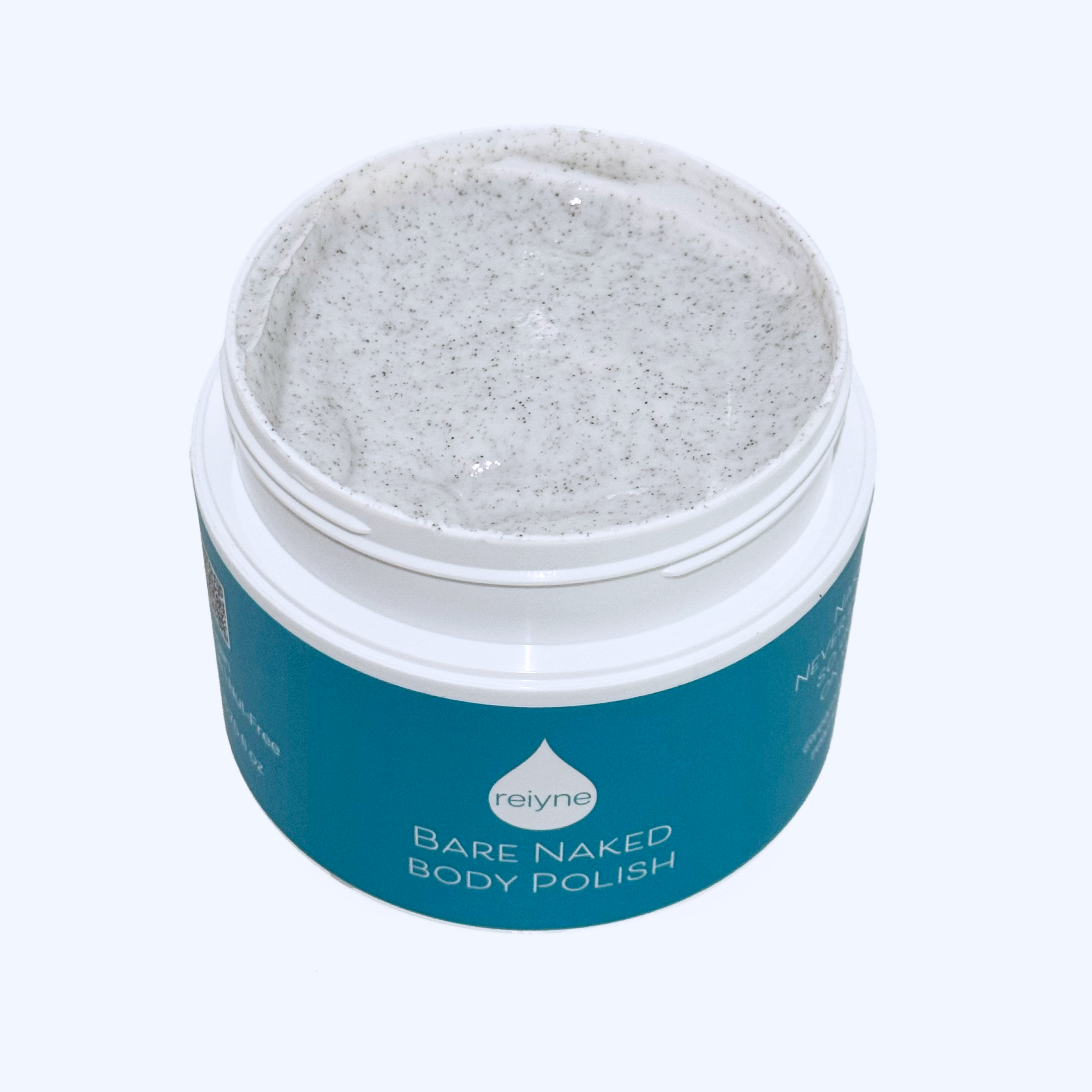 Reiyne Bare Naked Body Polish in a white Jar and a Blue and white label