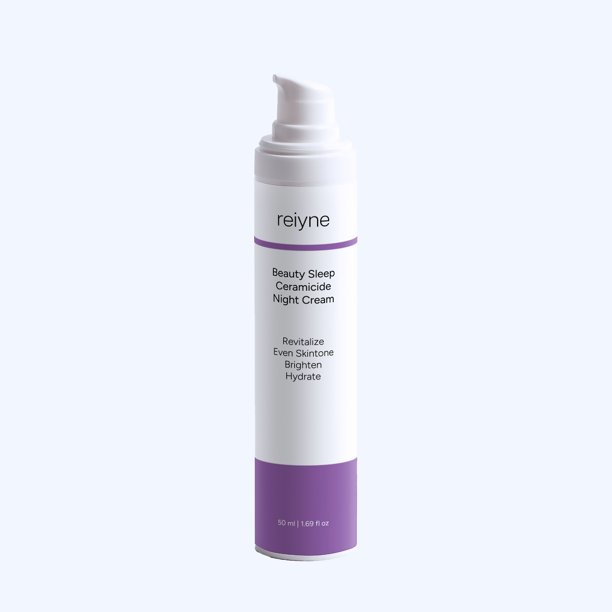 Reiyne Beauty Sleep Ceramide Night Cream in a white airless pump bottle and a purple pink and white label