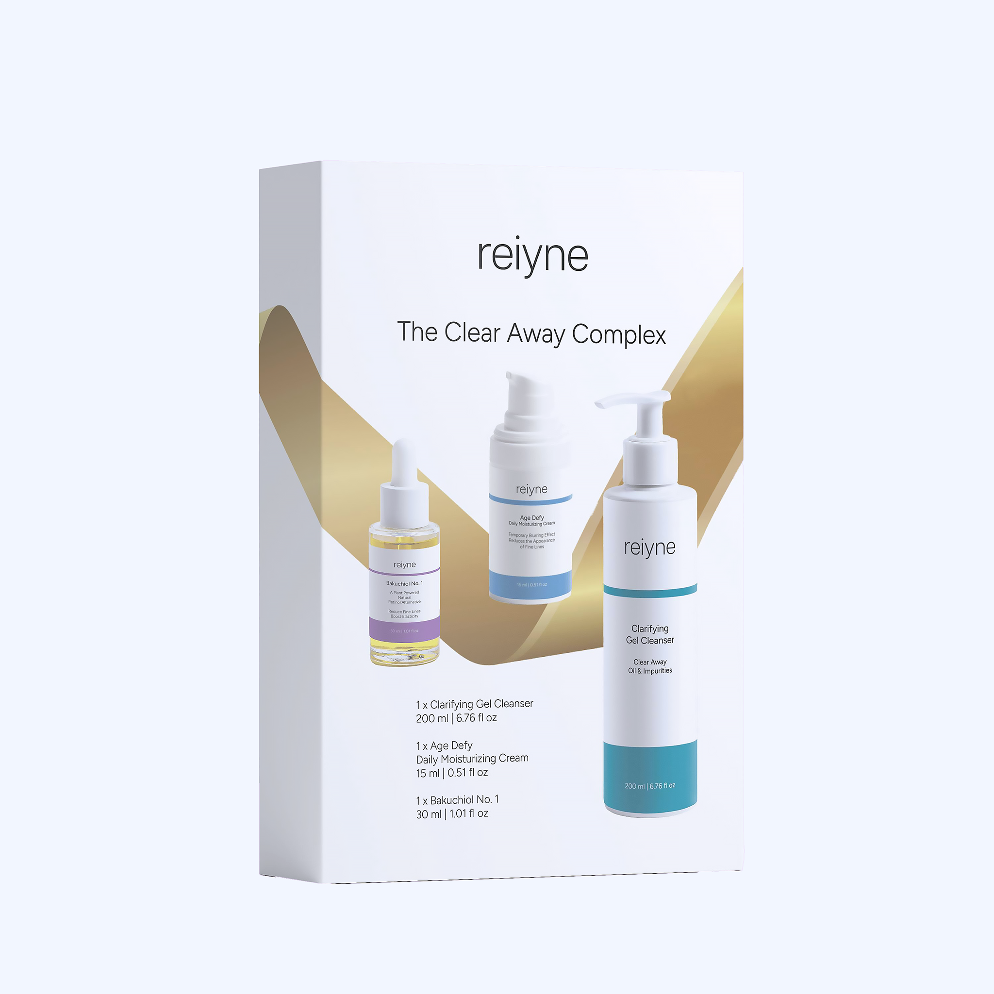 Reiyne Breakouts Be Gone Set with Reiyne Acne Gel Cleanser and Reiyne Age Defy Daily Moisturizer and Reiyne Bakuchiol No. 1 in a white and purple box in a grey background