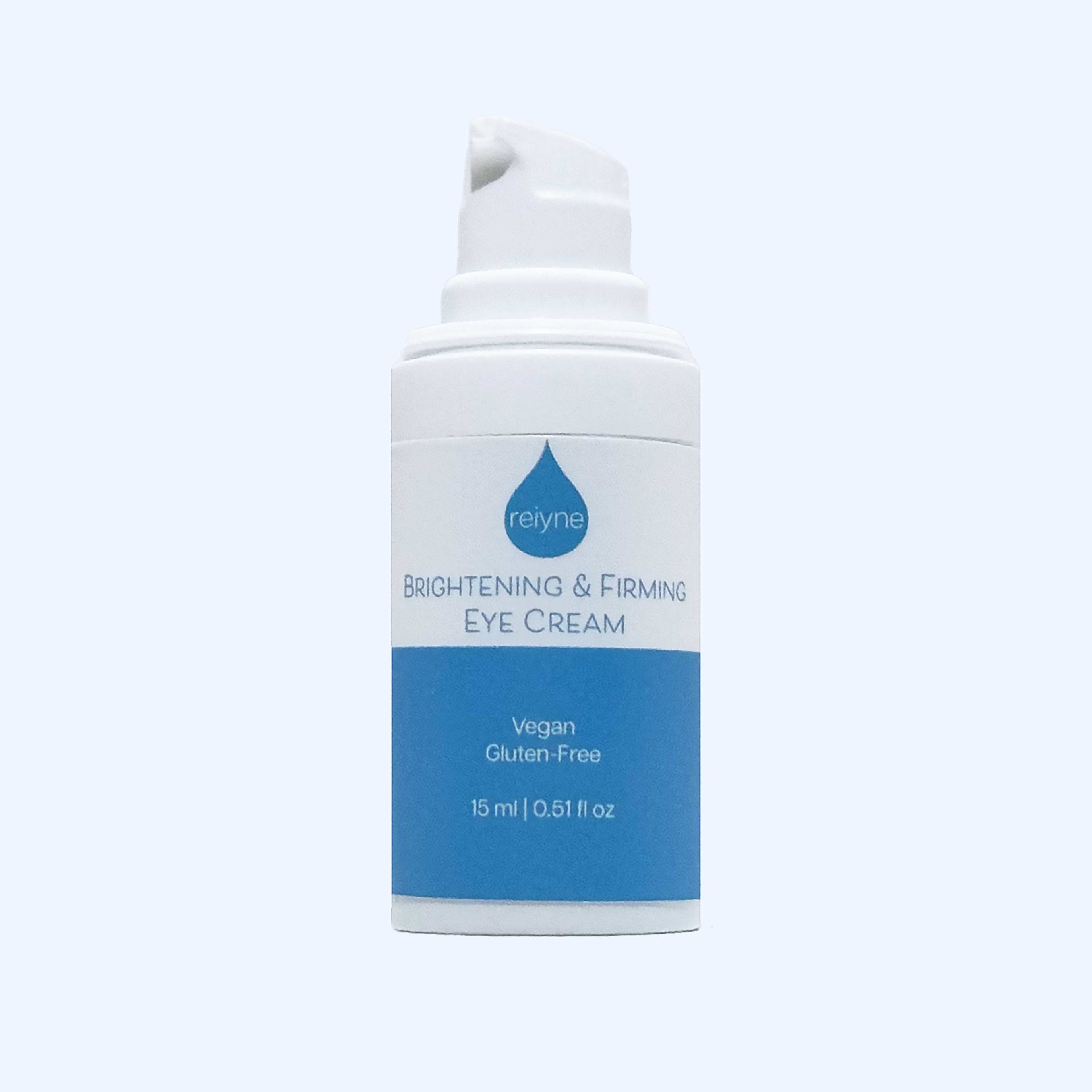 Reiyne Brightening & Firming Eye Cream in a white airless pump bottle and a blue and white label