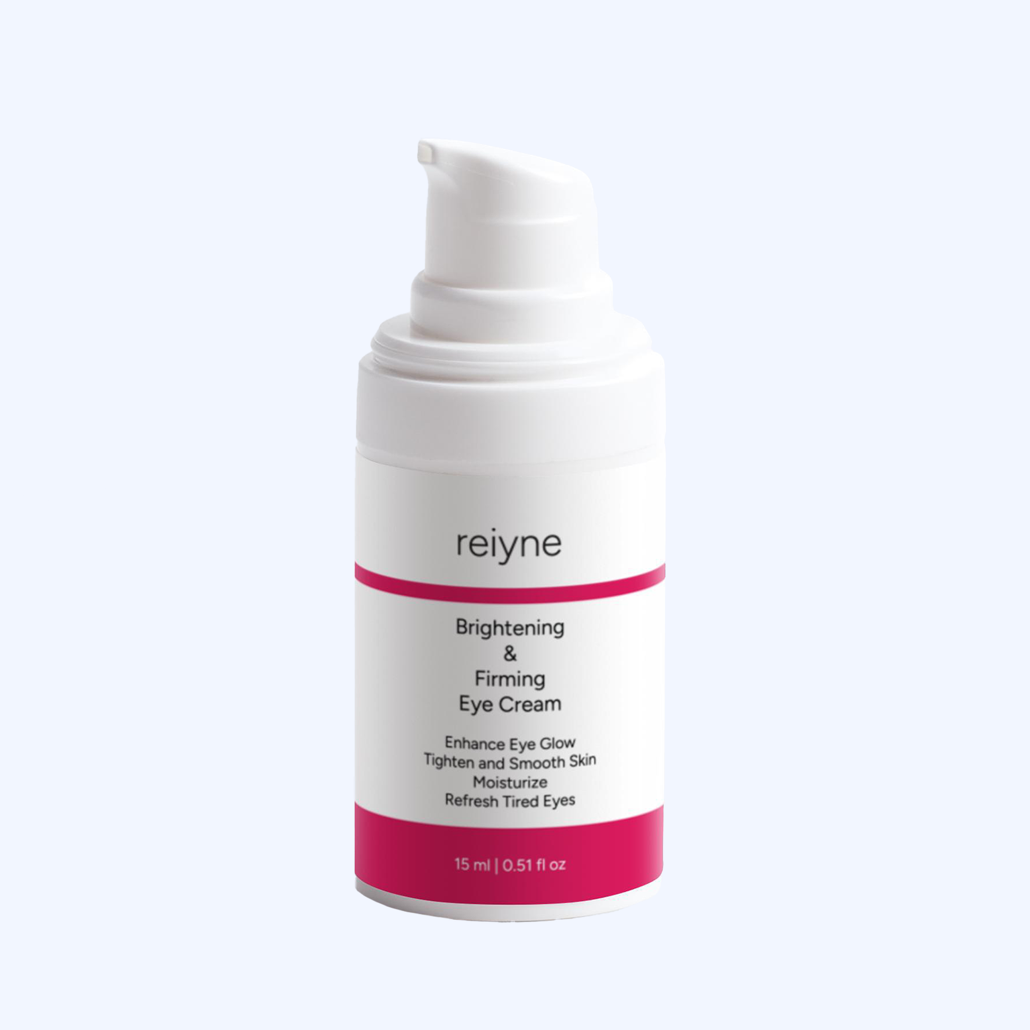 Reiyne Brightening & Firming Eye Cream in a white airless pump bottle and a blue and white label