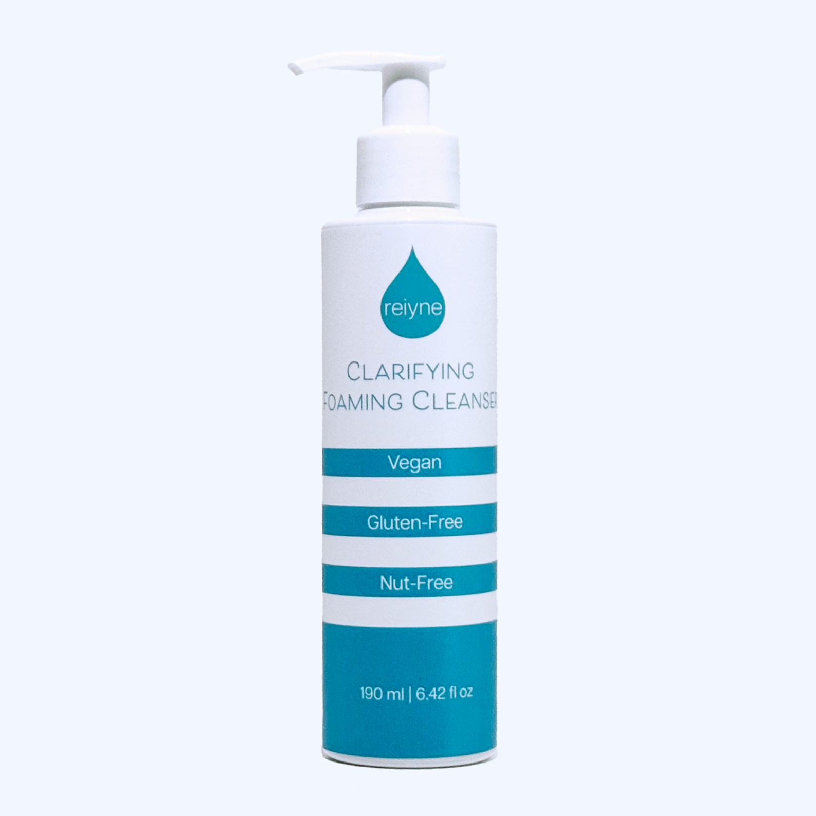 Reiyne Clarifying Foaming Cleanser in a white pump bottle with blue and white label