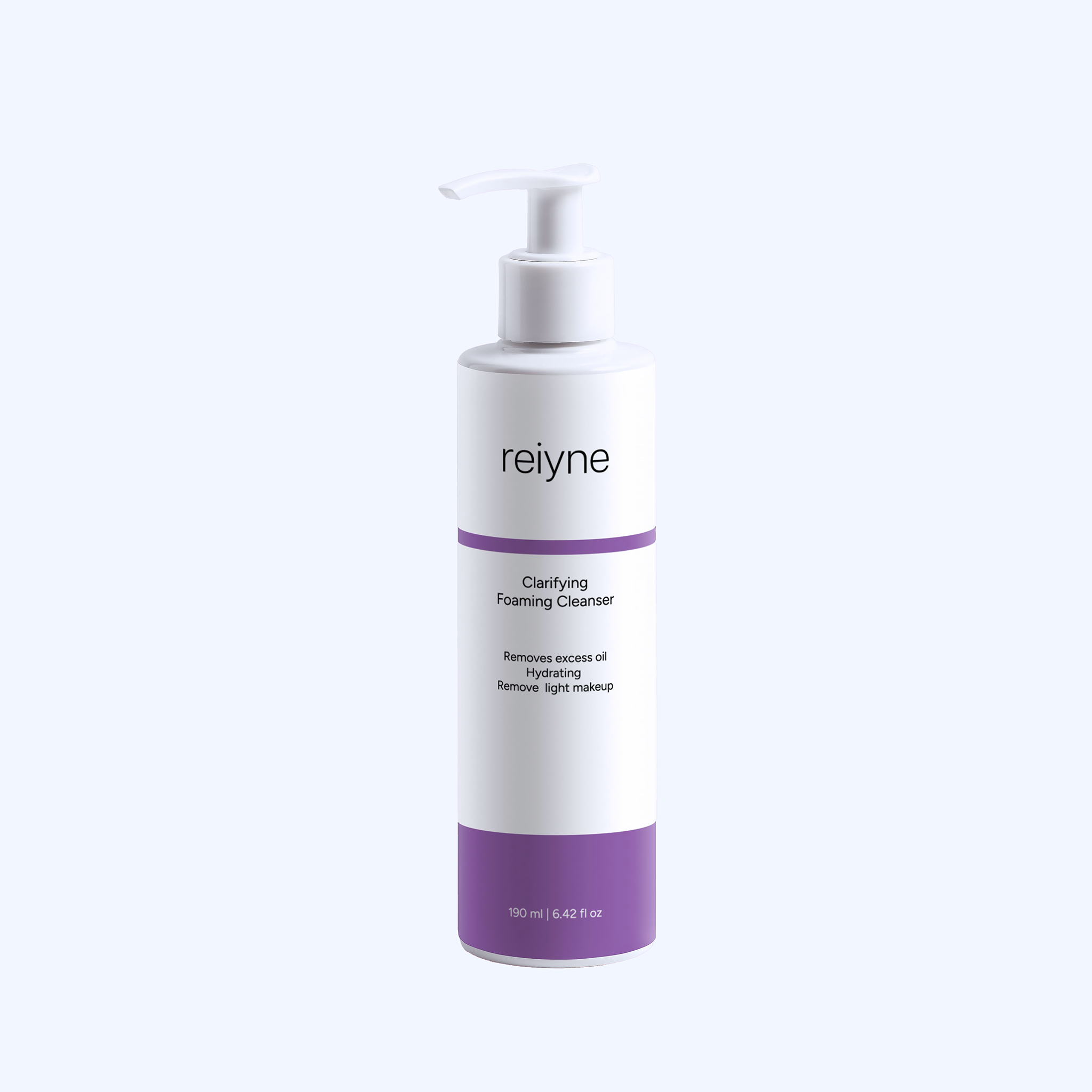 Reiyne Clarifying Foaming Cleanser in a white pump bottle with blue and white label