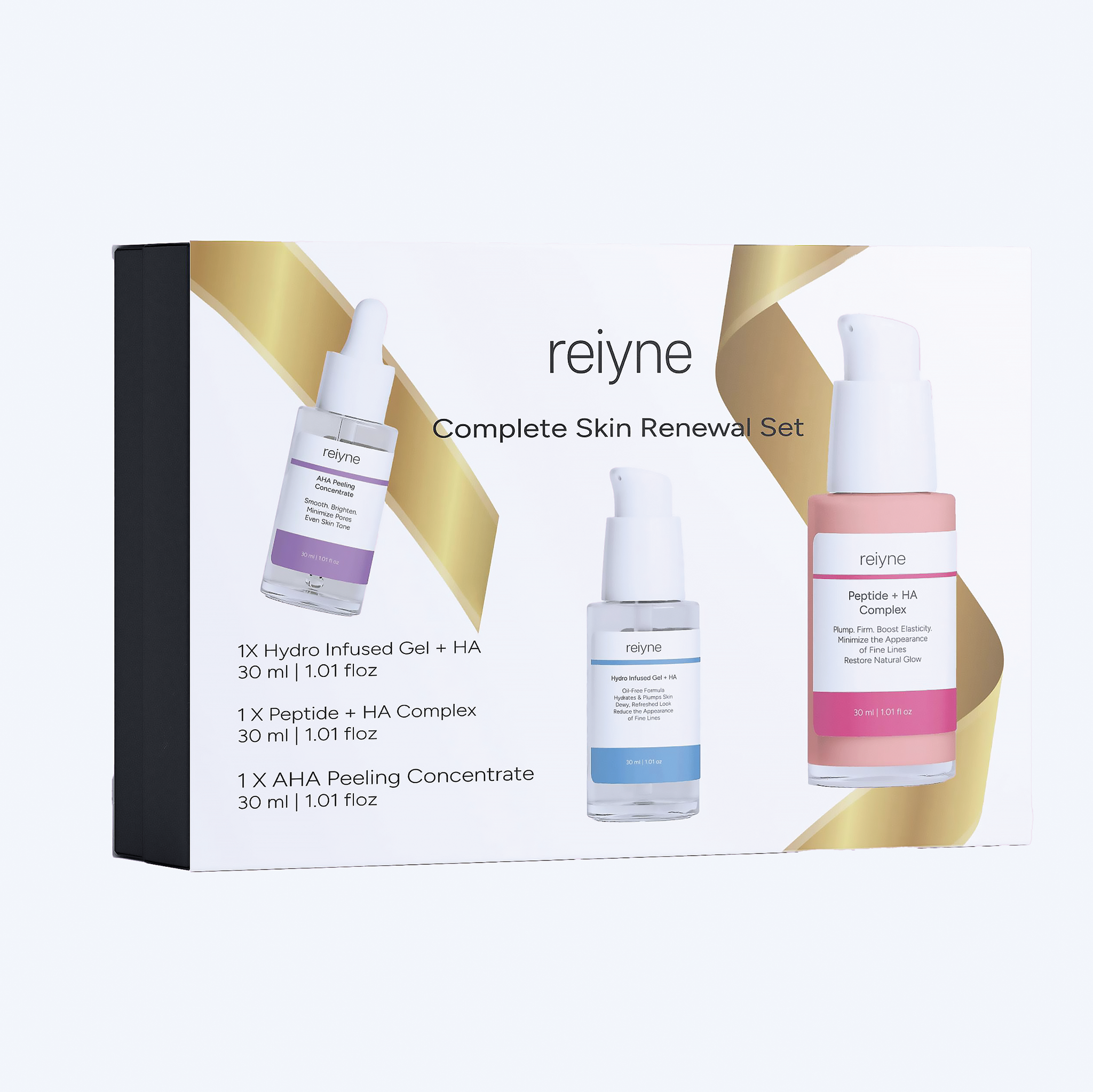 Reiyne Complete Skin Renewal Set front of purple box with hydro infused Gel plus HA, peptide plus HA Complex and AHA Peeling Concentrate