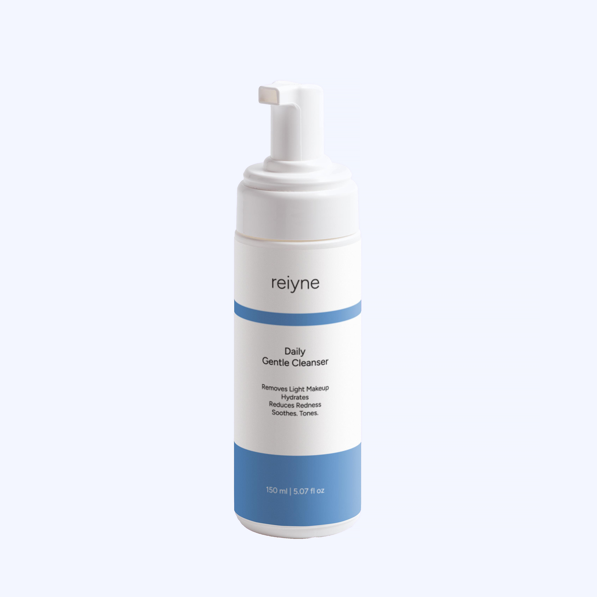 Reiyne Daily Gentle Cleanser in a white pump bottle with blue and white label