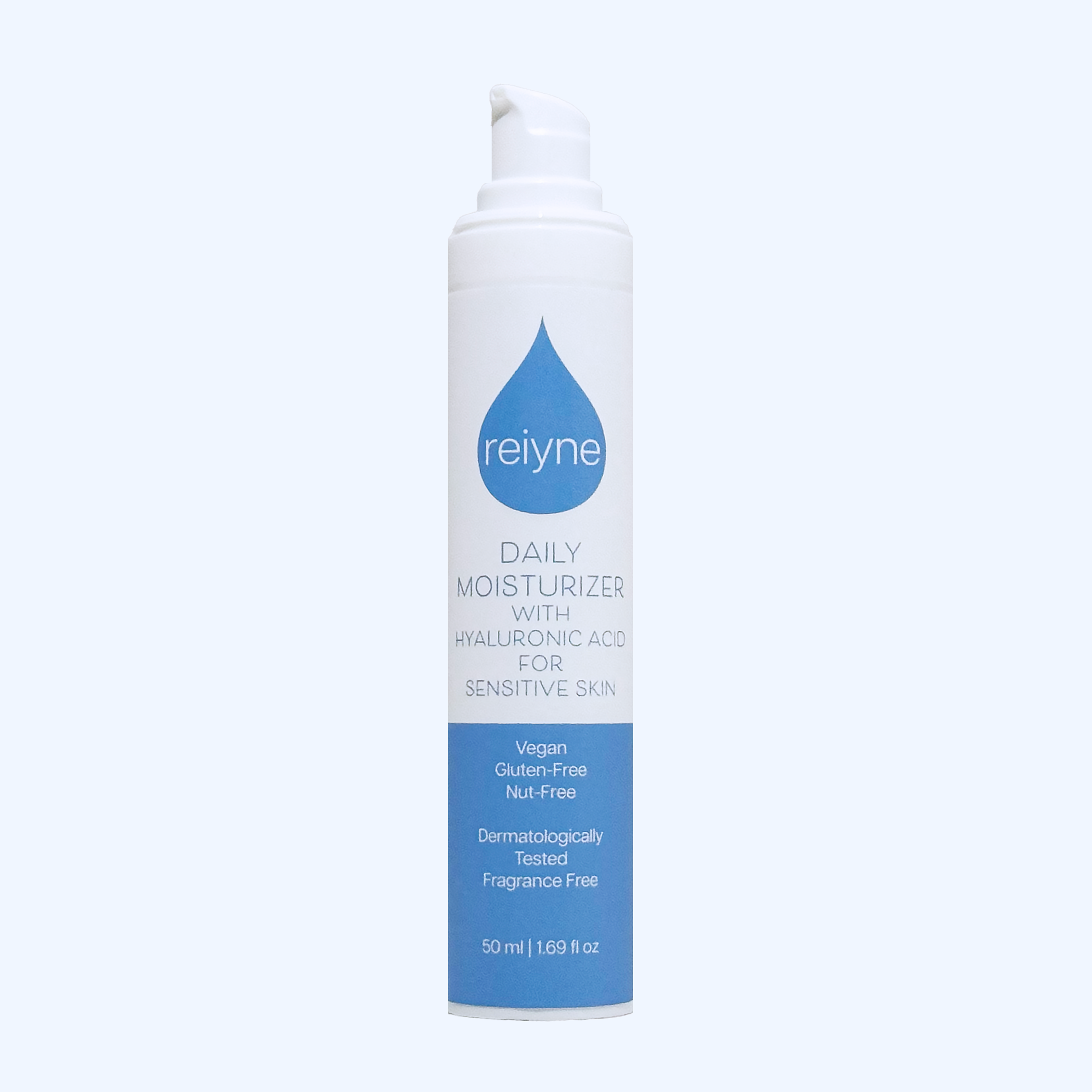 Reiyne Daily Moisturizer with Hyaluronic Acid for Sensitive Skin in a white airless pump bottle with a blue and white label