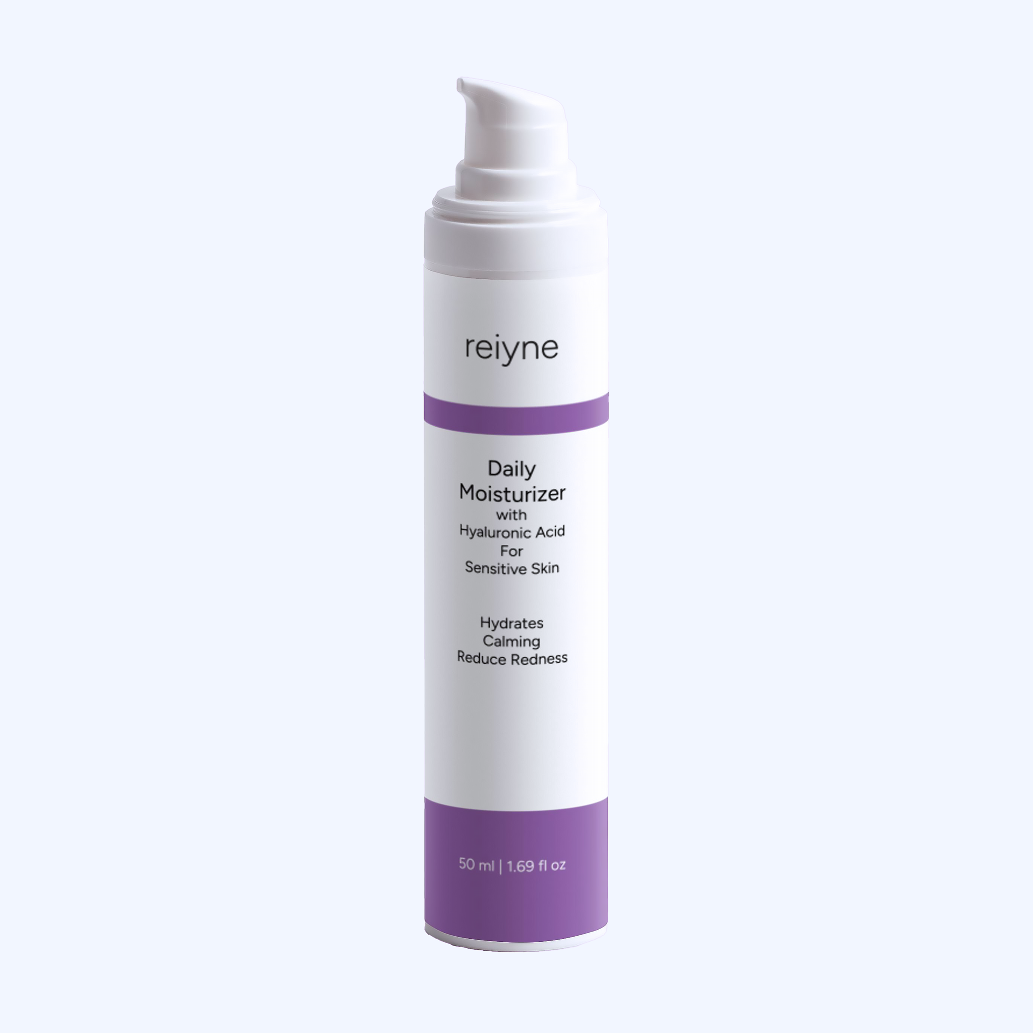 Reiyne Daily Moisturizer with Hyaluronic Acid for Sensitive Skin in a white airless pump bottle with a blue and white label
