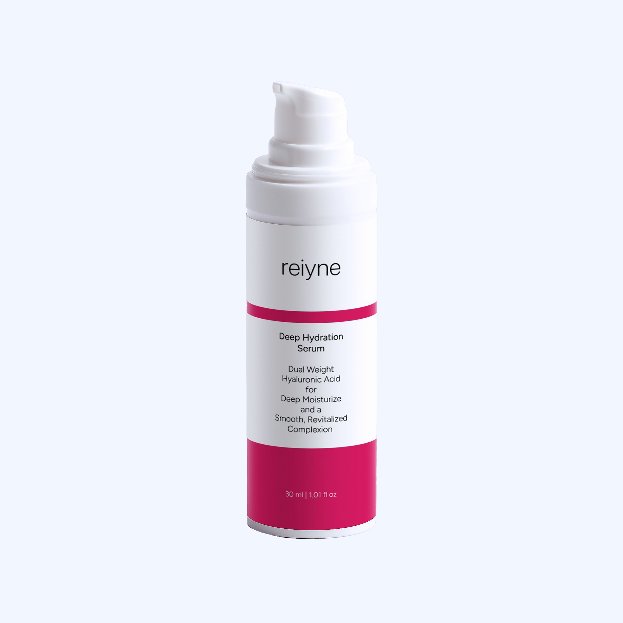 Reiyne Deep Hydration Serum in white airless pump bottle with purple and white label