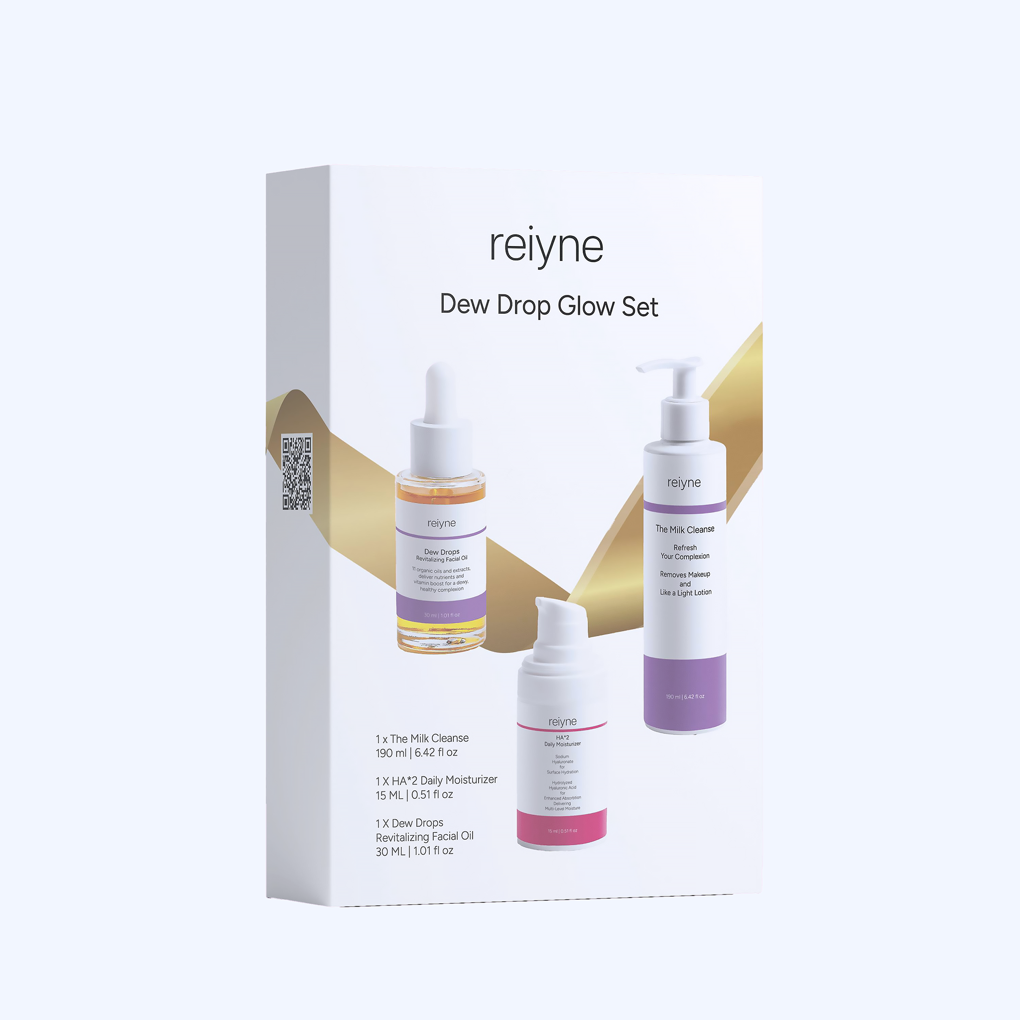 Reiyne Dew Drop Glow Set front purple and green box with The Milk Cleanse, HA*2 Daily Moisturizer and Dew Drops
