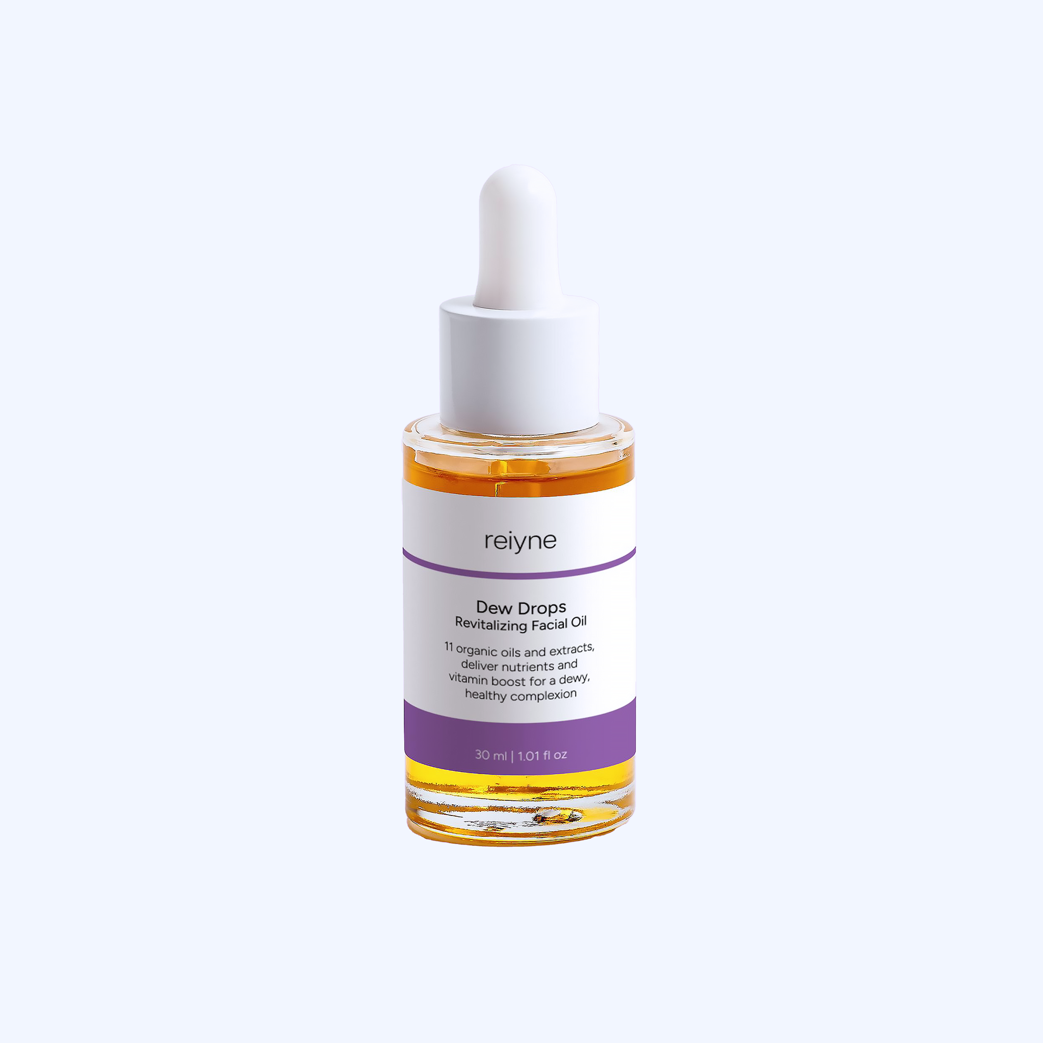 Reiyne Dew Drops Revitalizing Facial Oil in a clear bottle with White Dropper and a purple and white label