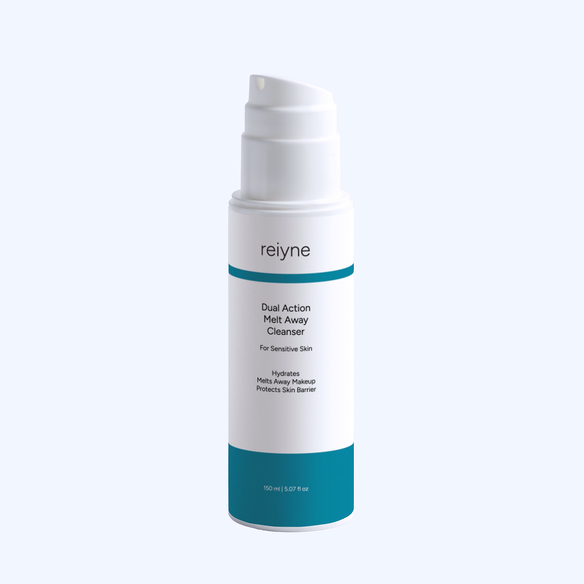 Reiyne Dual Action Melt Away Cleanser in a white airless pump bottle with Blue and white label