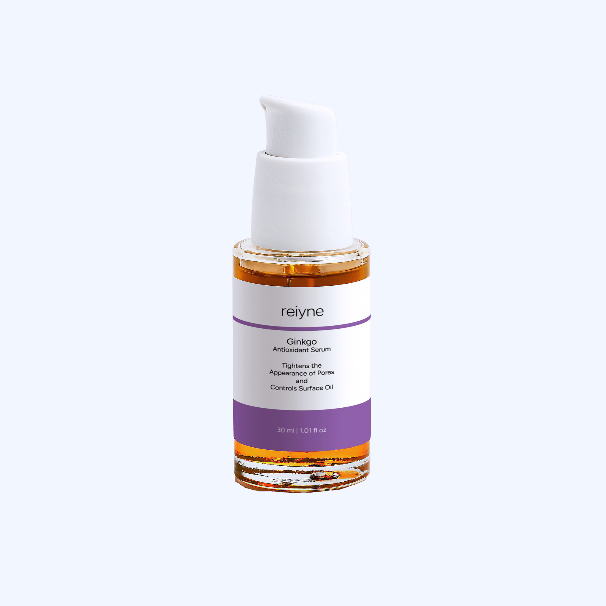 Reiyne Ginkgo Antioxidant Serum in clear bottle with white dropper and purple and white label and box