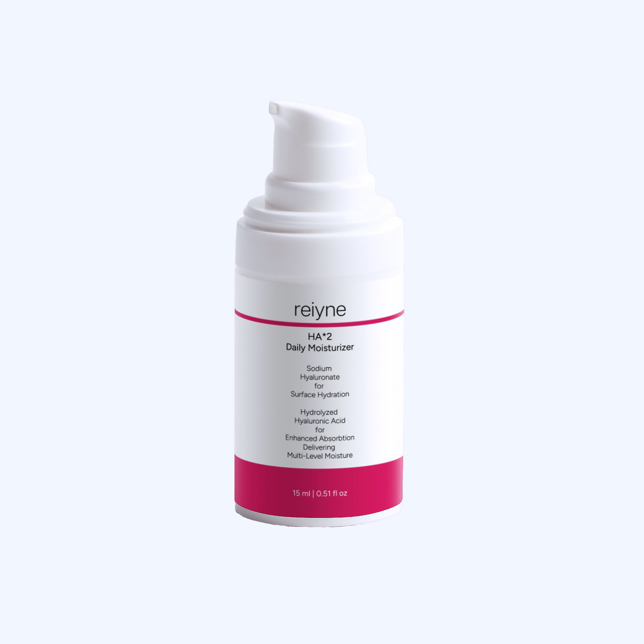 Reiyne HA*2 Daily Moisturizer in a white airless pump with blue and white label