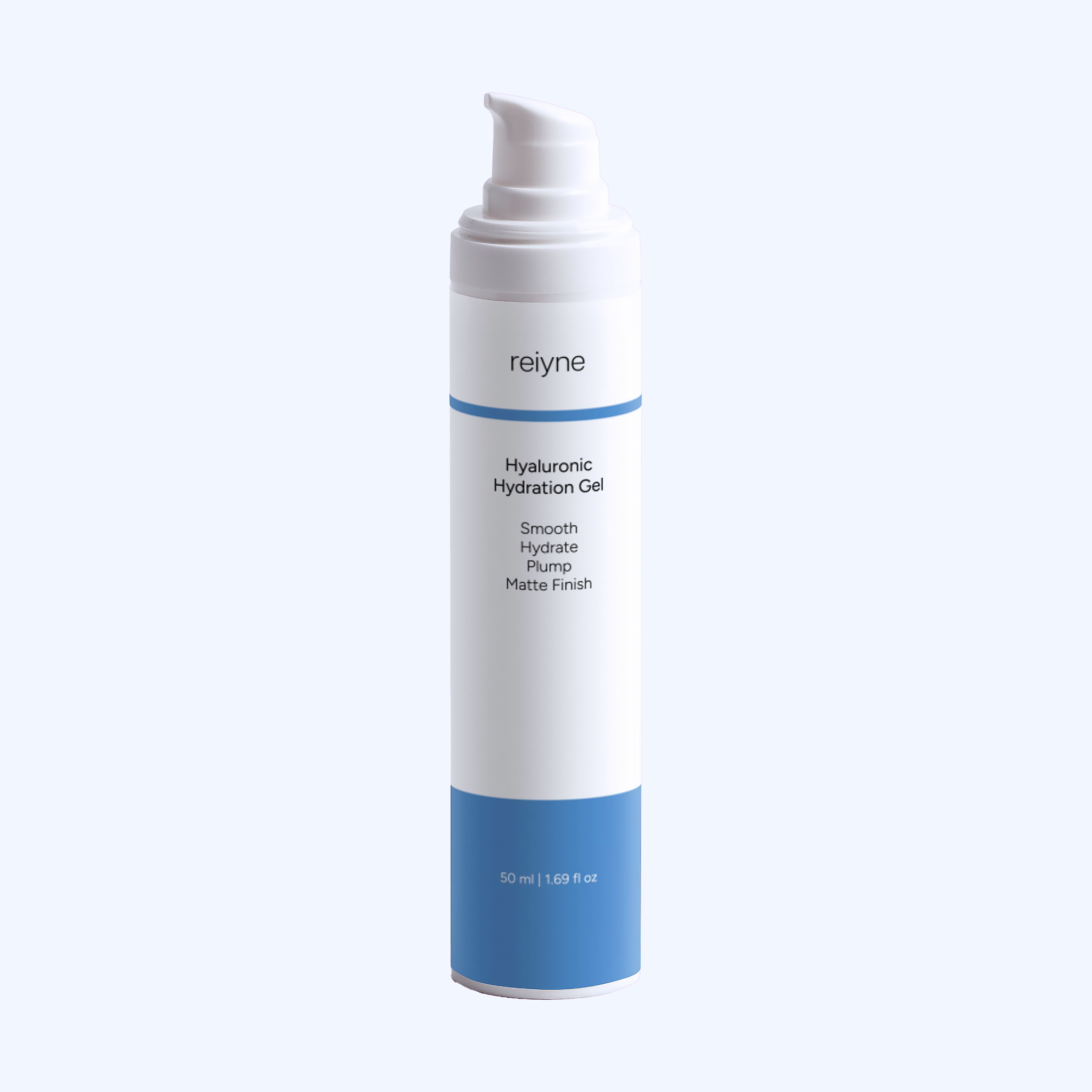 Reiyne Hyaluronic Hydration Gel front airless pump bottle and box with white and blue label