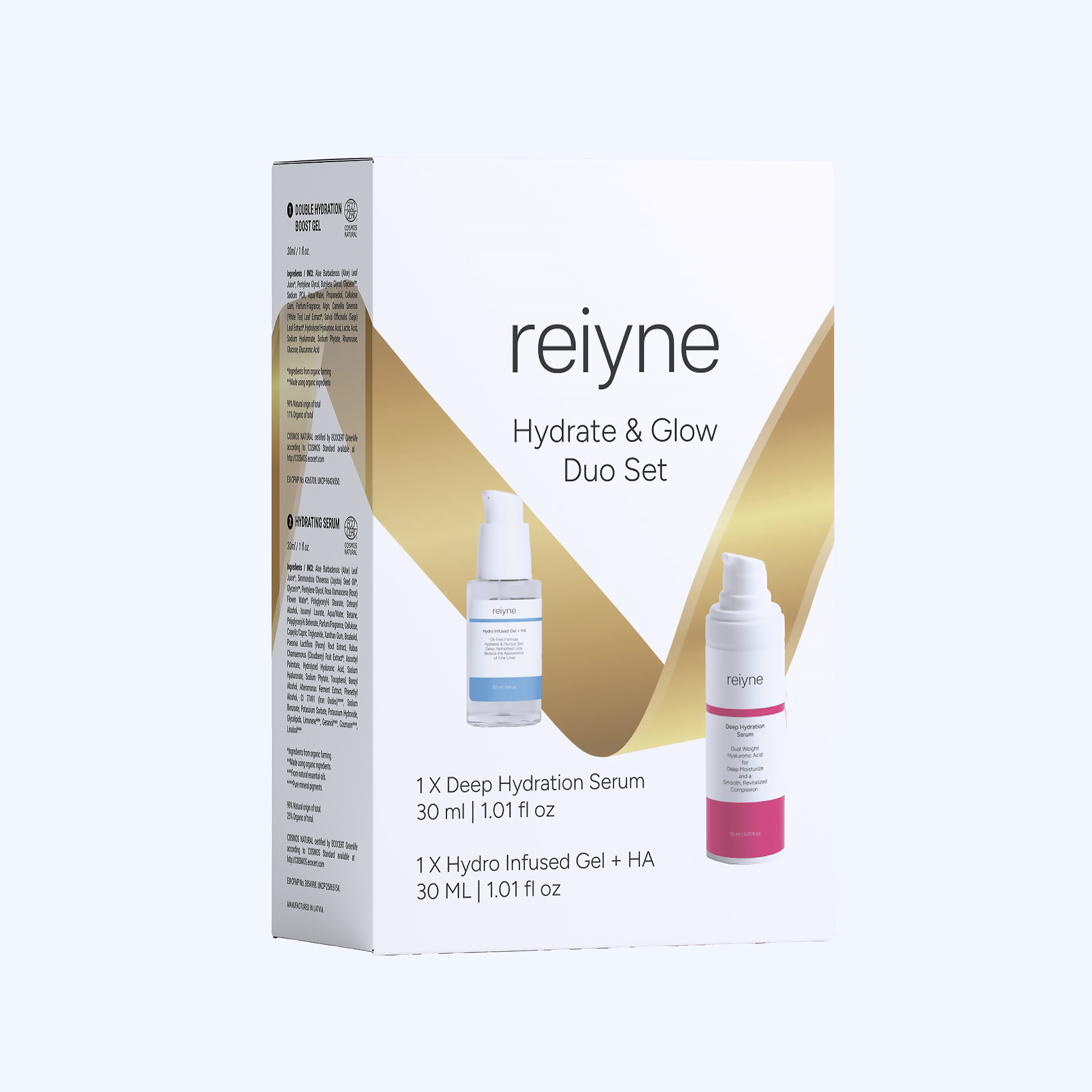 Reiyne Hydrate & Glow Duo Set contains Hydro Infused Gel plus HA in a blue and white dropper bottle and Deep Hydration Serum in a purple and white airless pump bottle