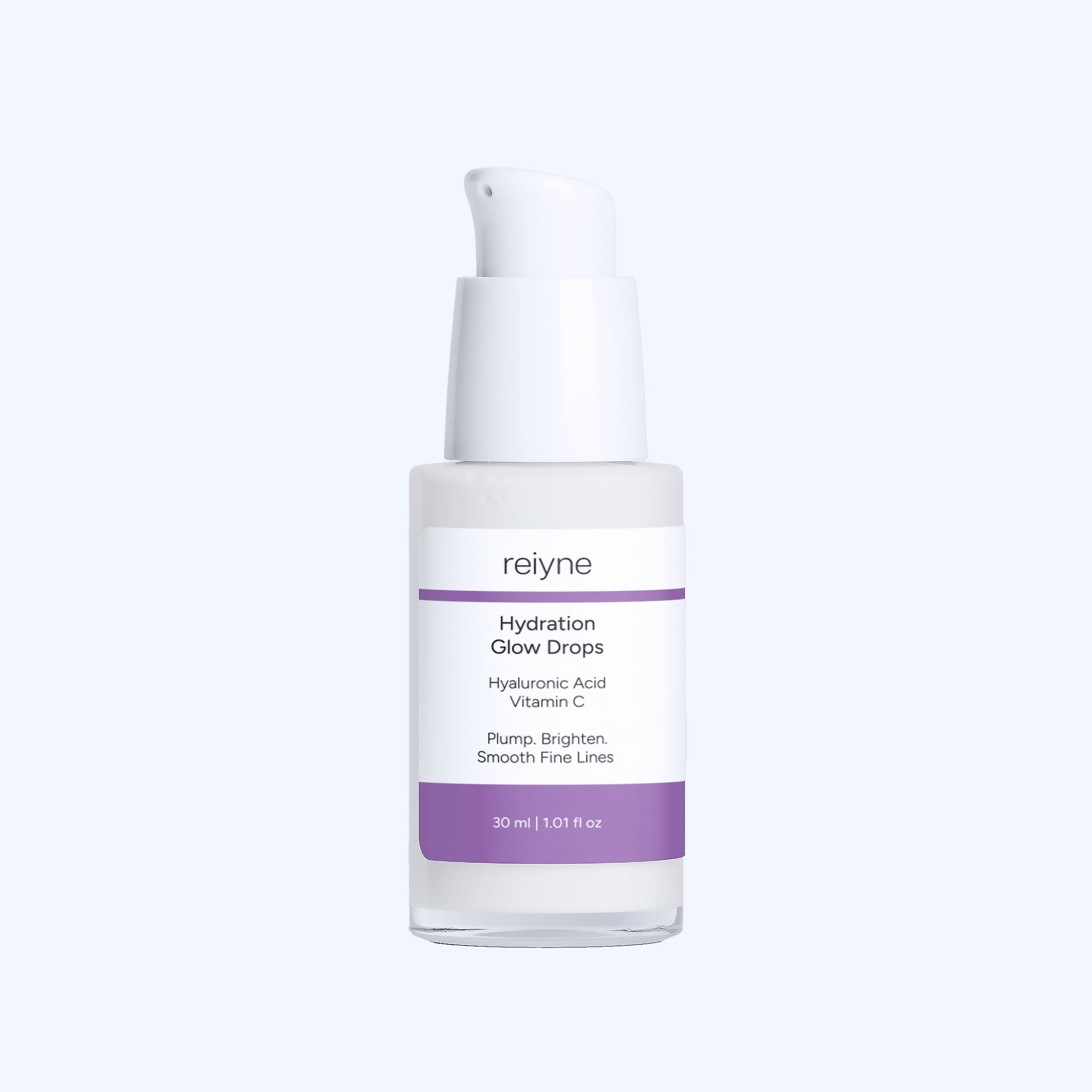 Reiyne Hydration Glow Drops in clear bottle with white airless pump and purple and white label and box