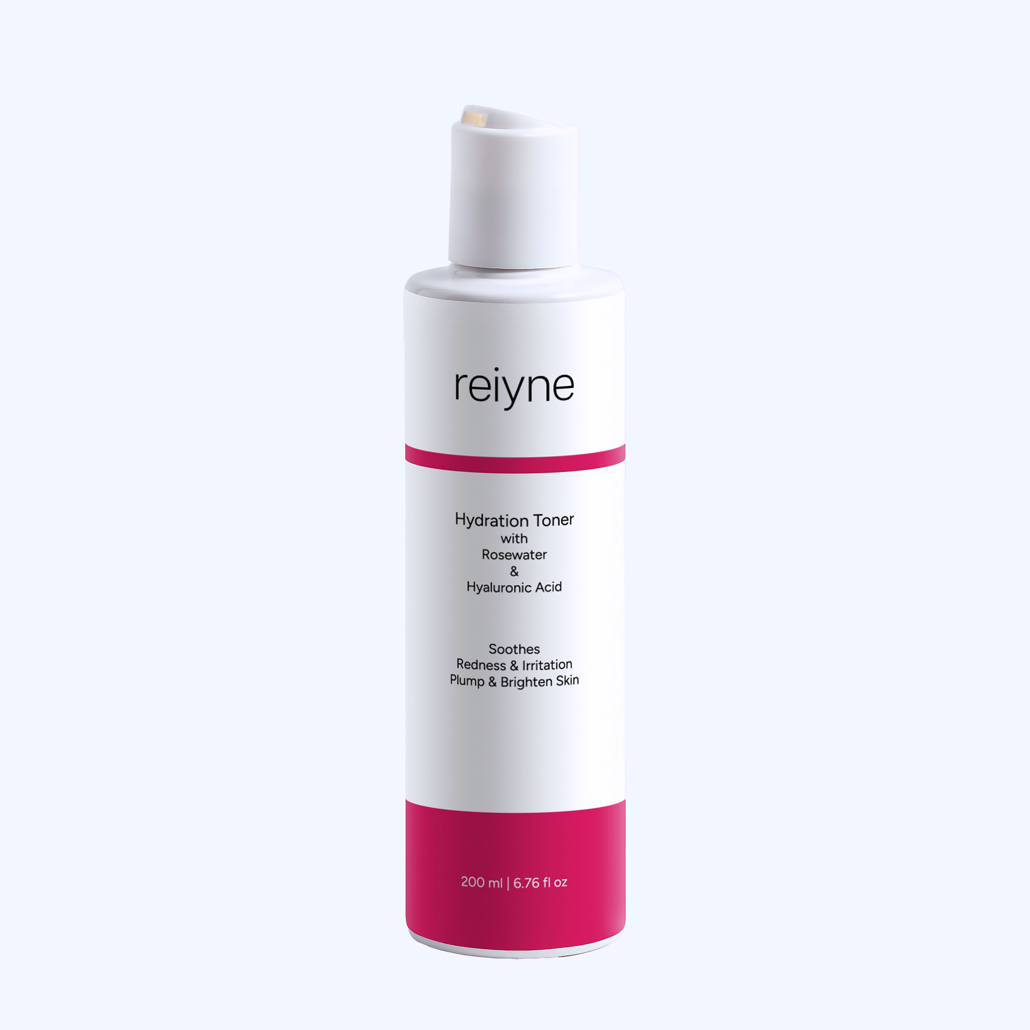 Reiyne Hydration Toner with Rosewater and Hyaluronic Acid in a white bottle with pink and white label