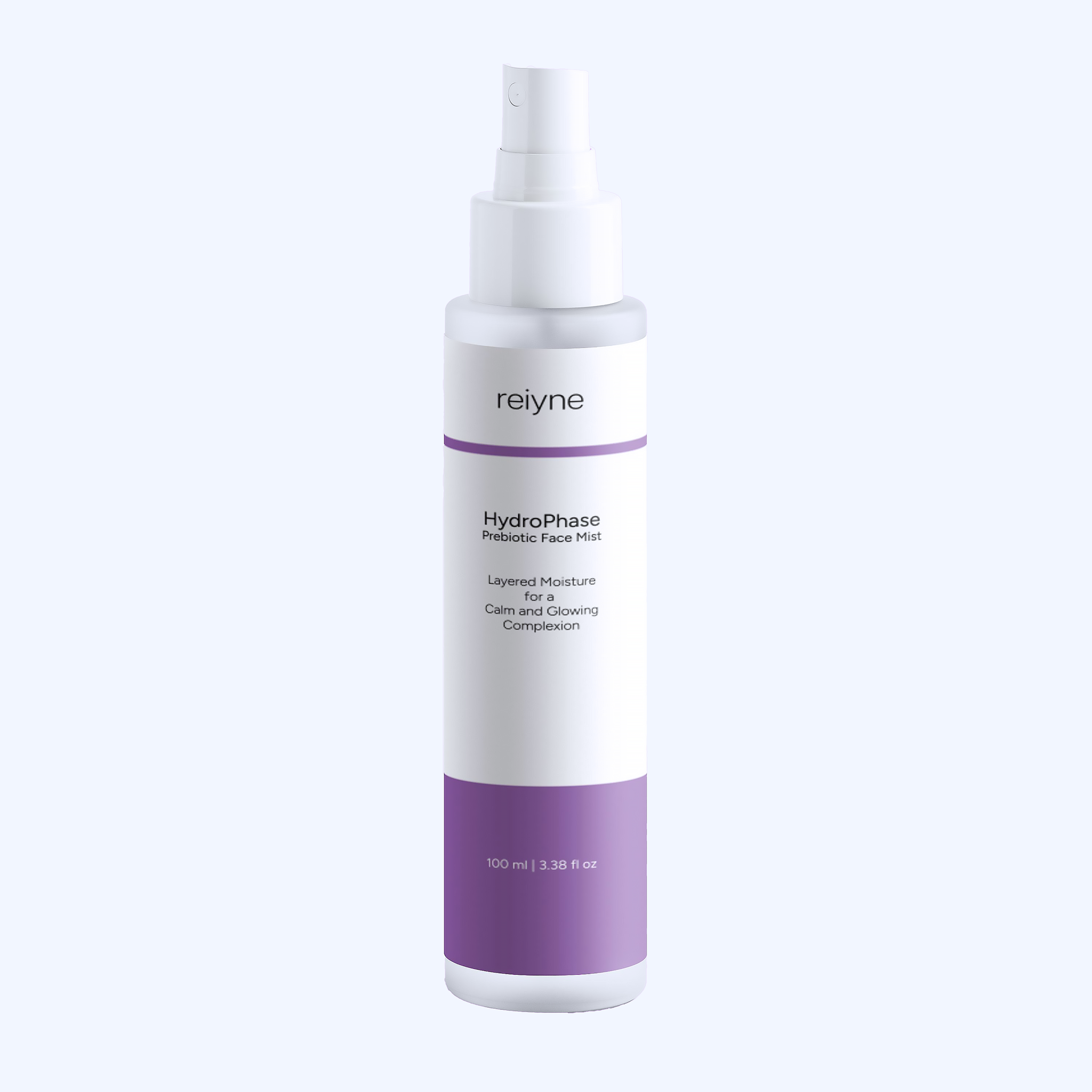 Reiyne HydroPhase Prebiotic Face Mist in a white pump bottle and a pink and white label