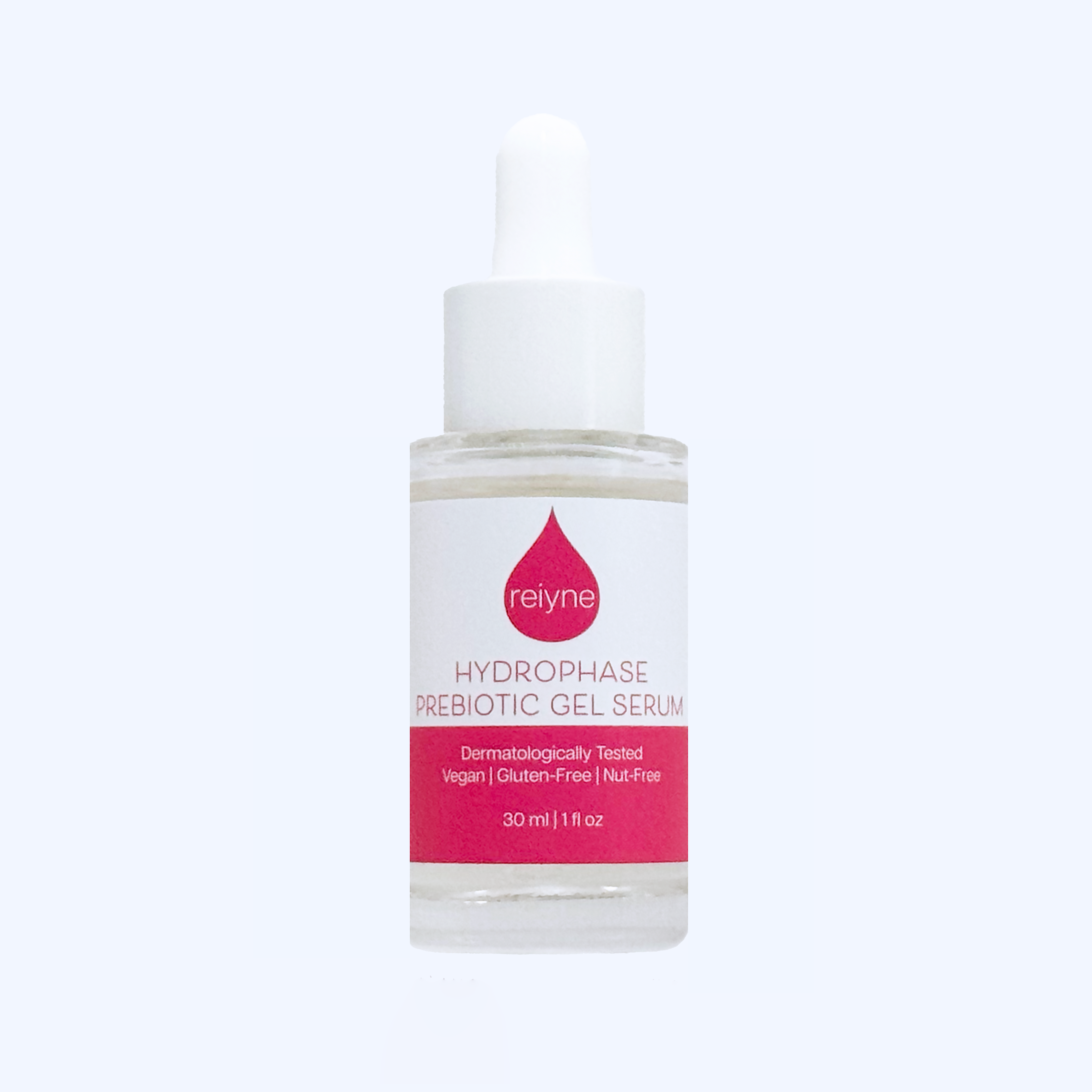 Reiyne HydroPhase Prebiotic Gel Serum in a clear bottle with white dropper and a pink and white label