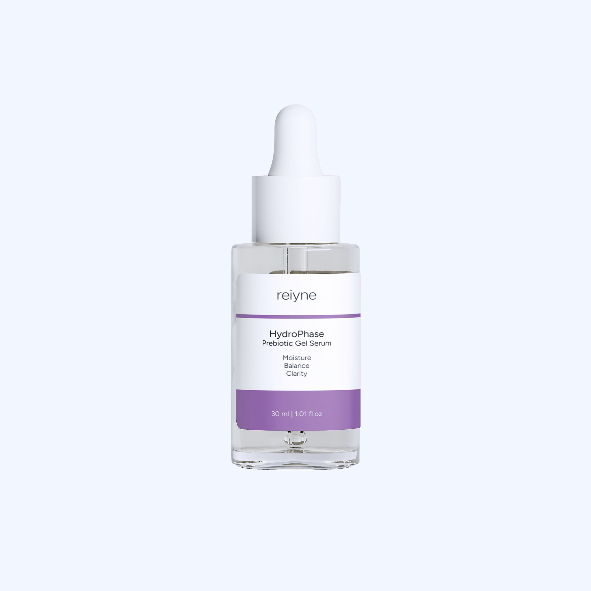 Reiyne HydroPhase Prebiotic Gel Serum in a clear bottle with white dropper and a pink and white label