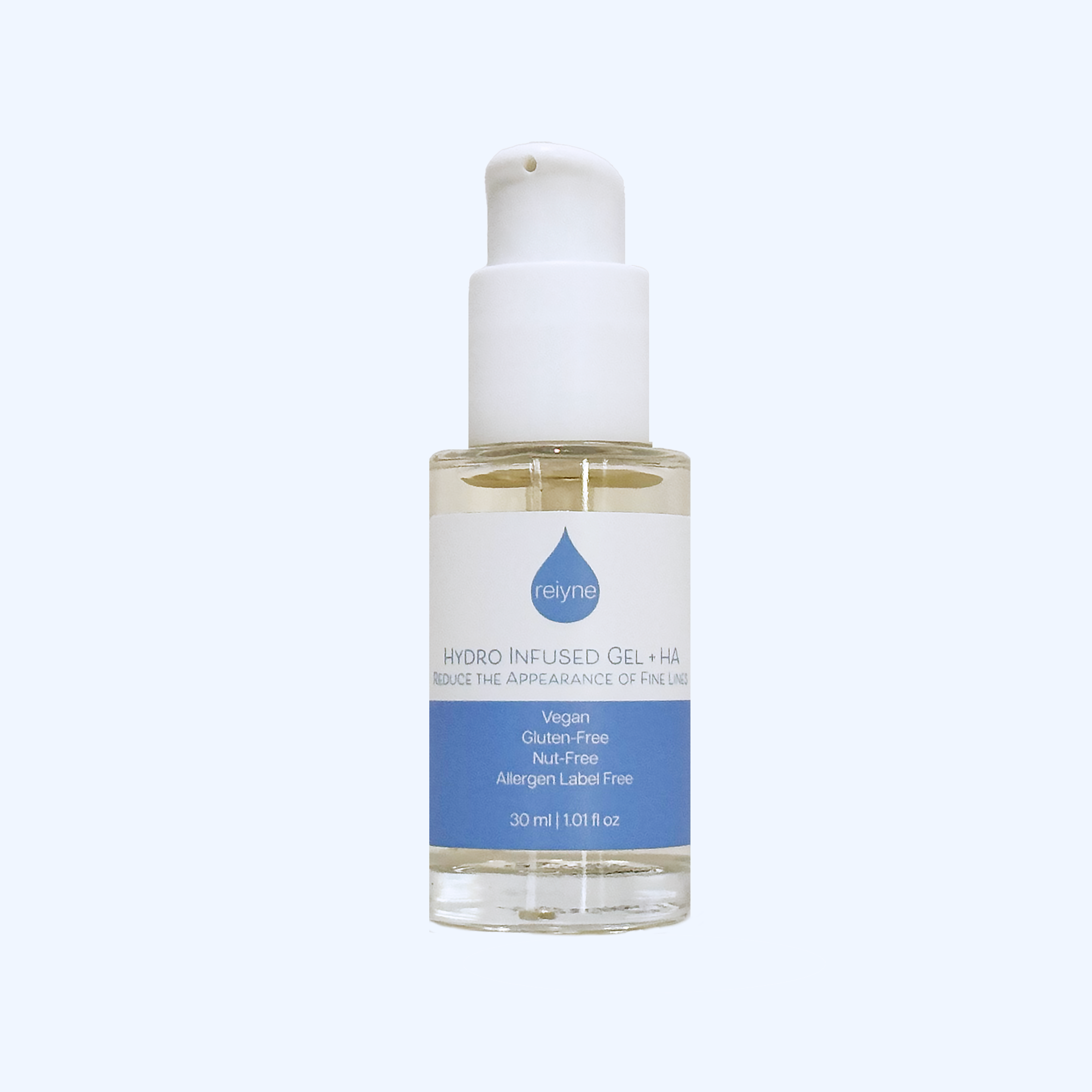Reiyne Hydro Infused Gel plus HA in a clear bottle with white airless pump and a blue and white label and box