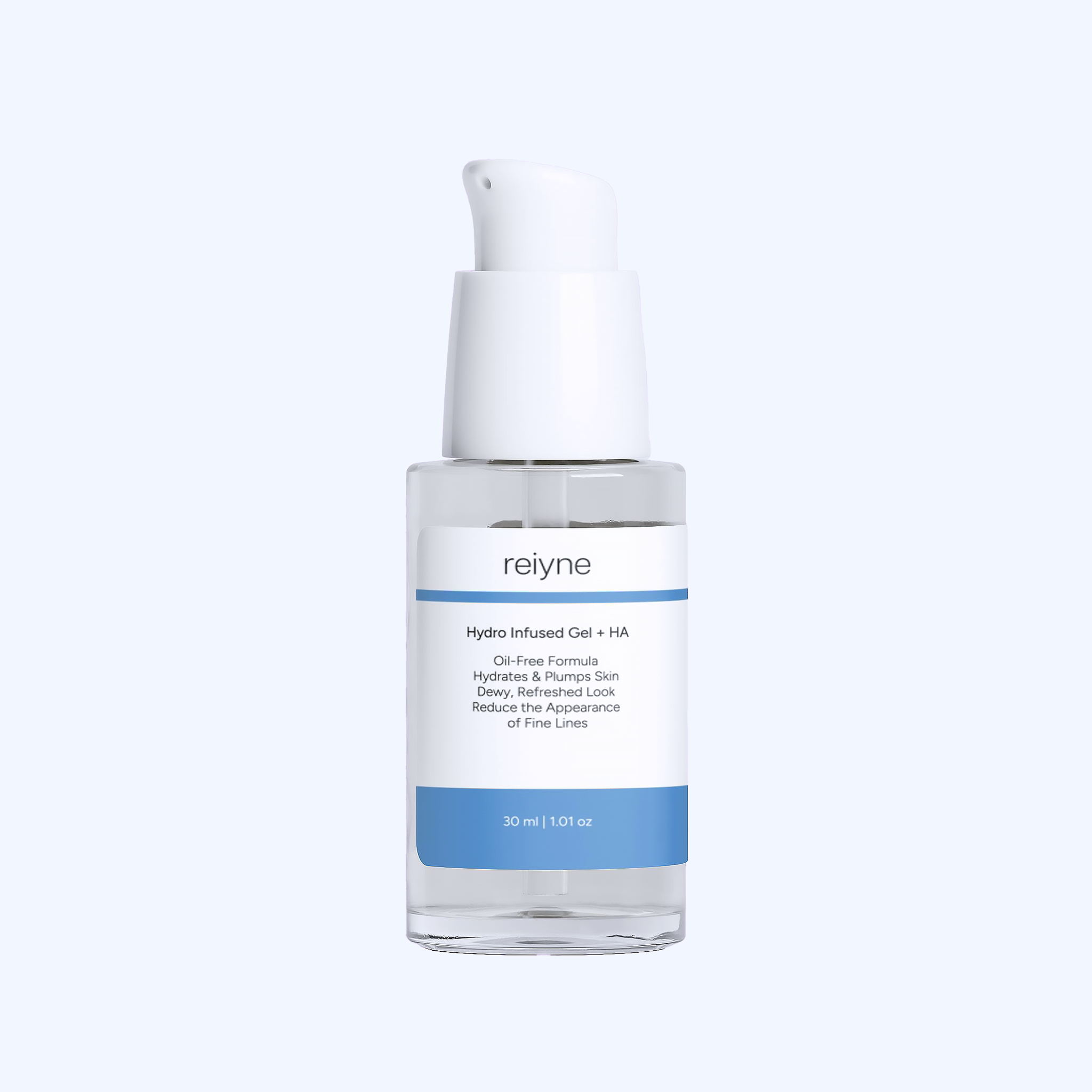 Reiyne Hydro Infused Gel plus HA in a clear bottle with white airless pump and a blue and white label and box