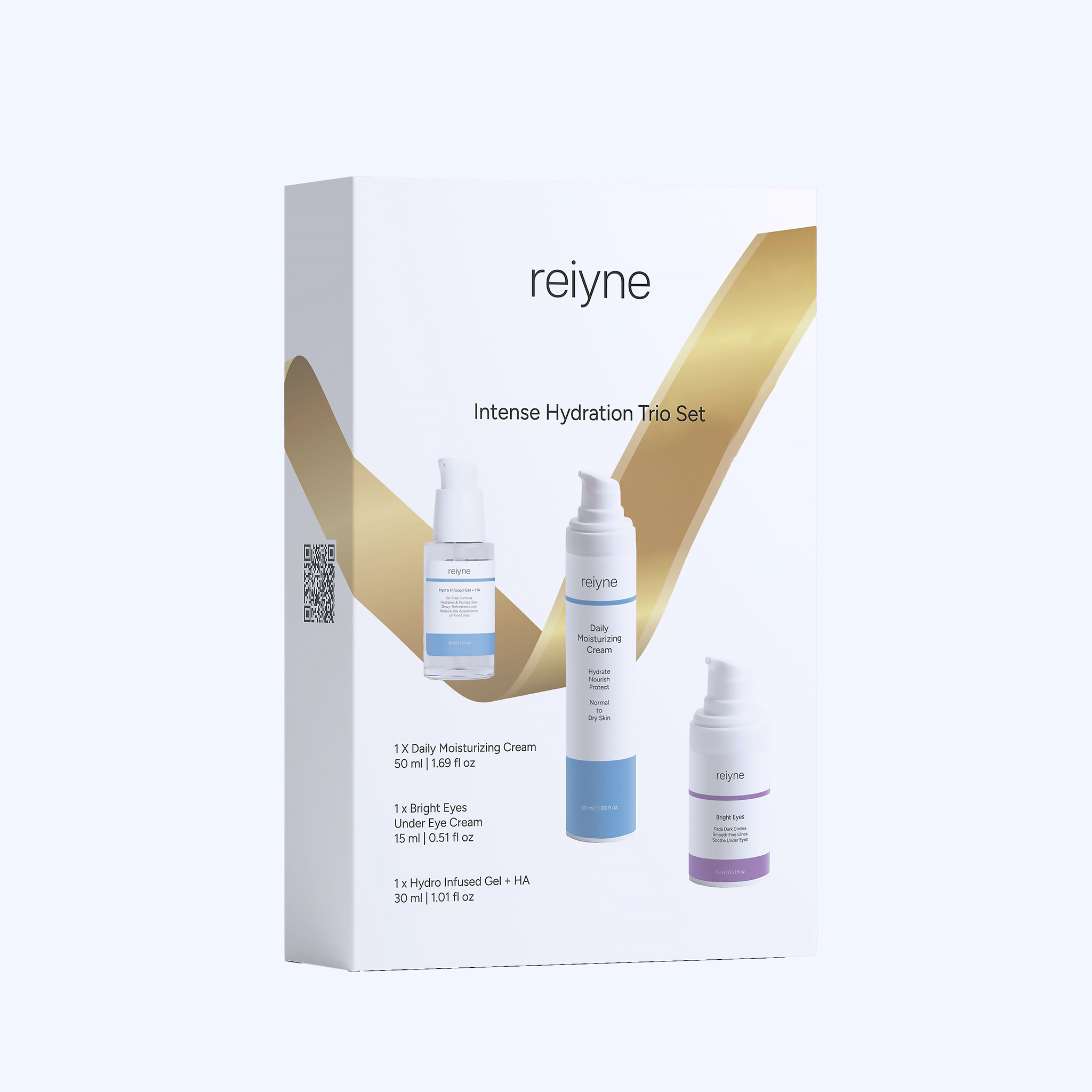 Reiyne Intense Hydration Trio Set Containing Hydro infused gel plus HA in blue and white dropper bottle with Daily Calming Moisturizing Cream in a blue and White bottle and Bright Eyes Under Eye Cream for Dark Circles in a Purple, pink and White airless pump bottle
