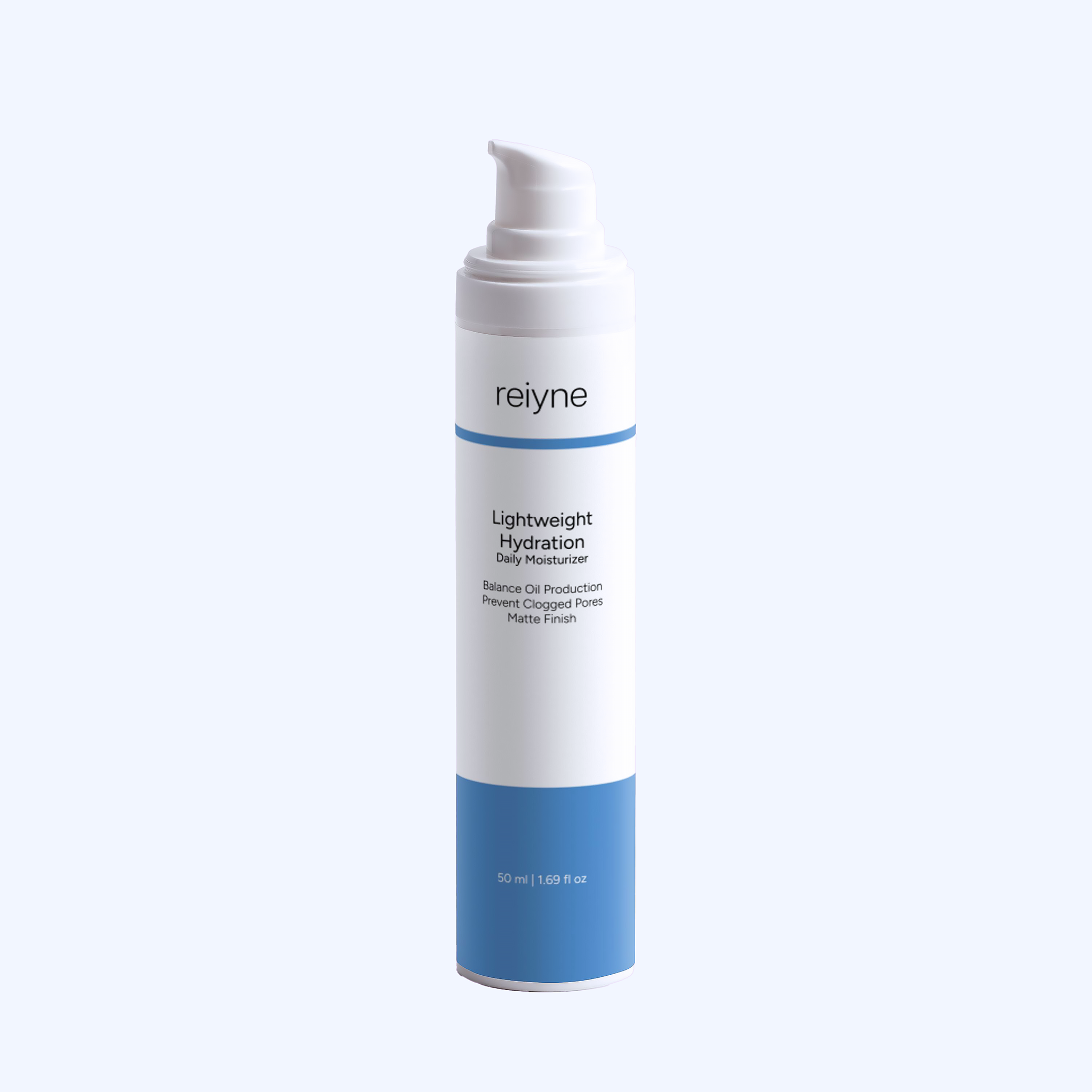 Reiyne Lightweight Hydration Daily Moisturizer in white airless pump bottle with blue and white label