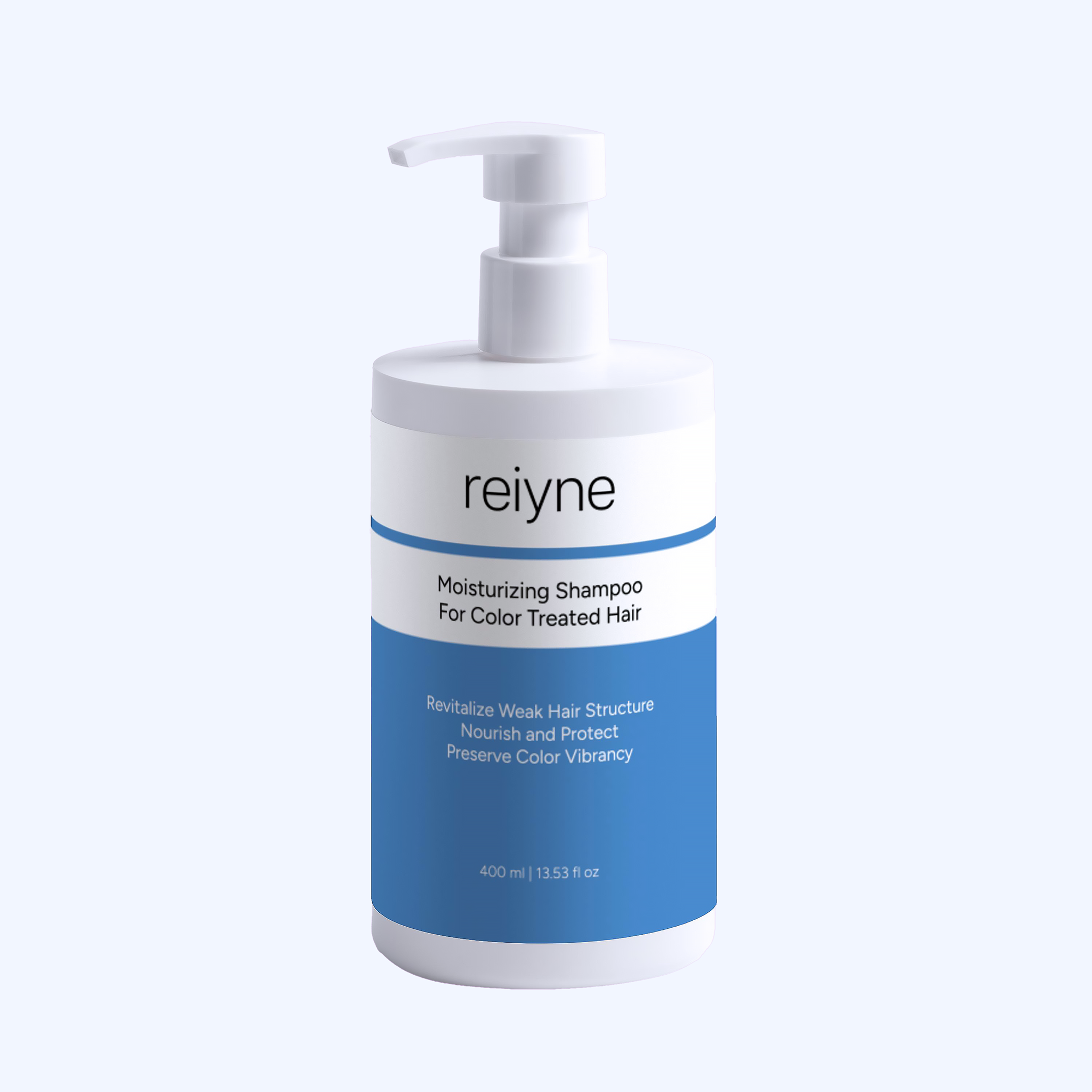 Reiyne Moisturizing Conditioner White bottle with push cap and Blue and purple label