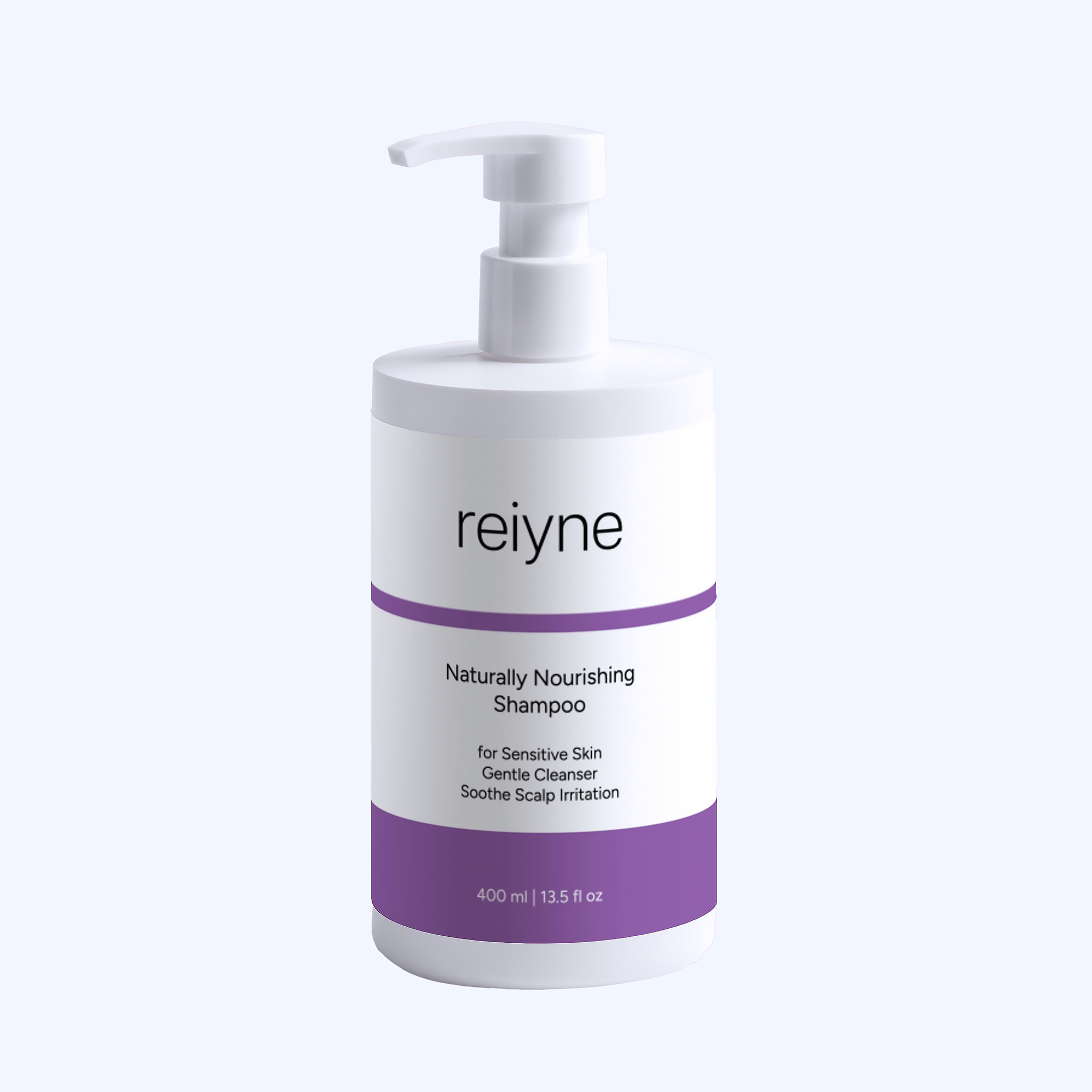 Reiyne Naturally Nourishing Shampoo for Sensitive Skin in a white pump bottle with Blue and white label