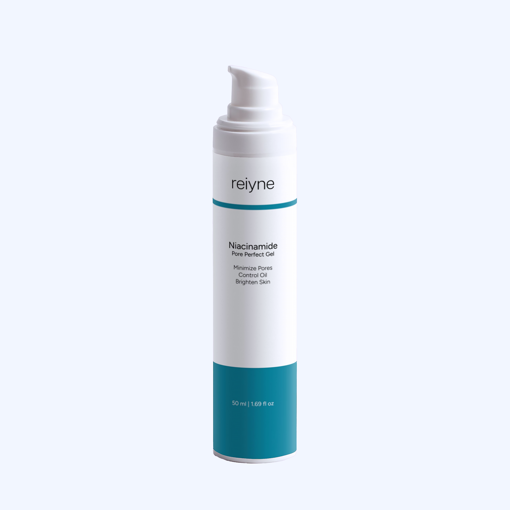 Reiyne Niacinamide Pore Perfect Gel in a white airless pump bottle and a blue and white label