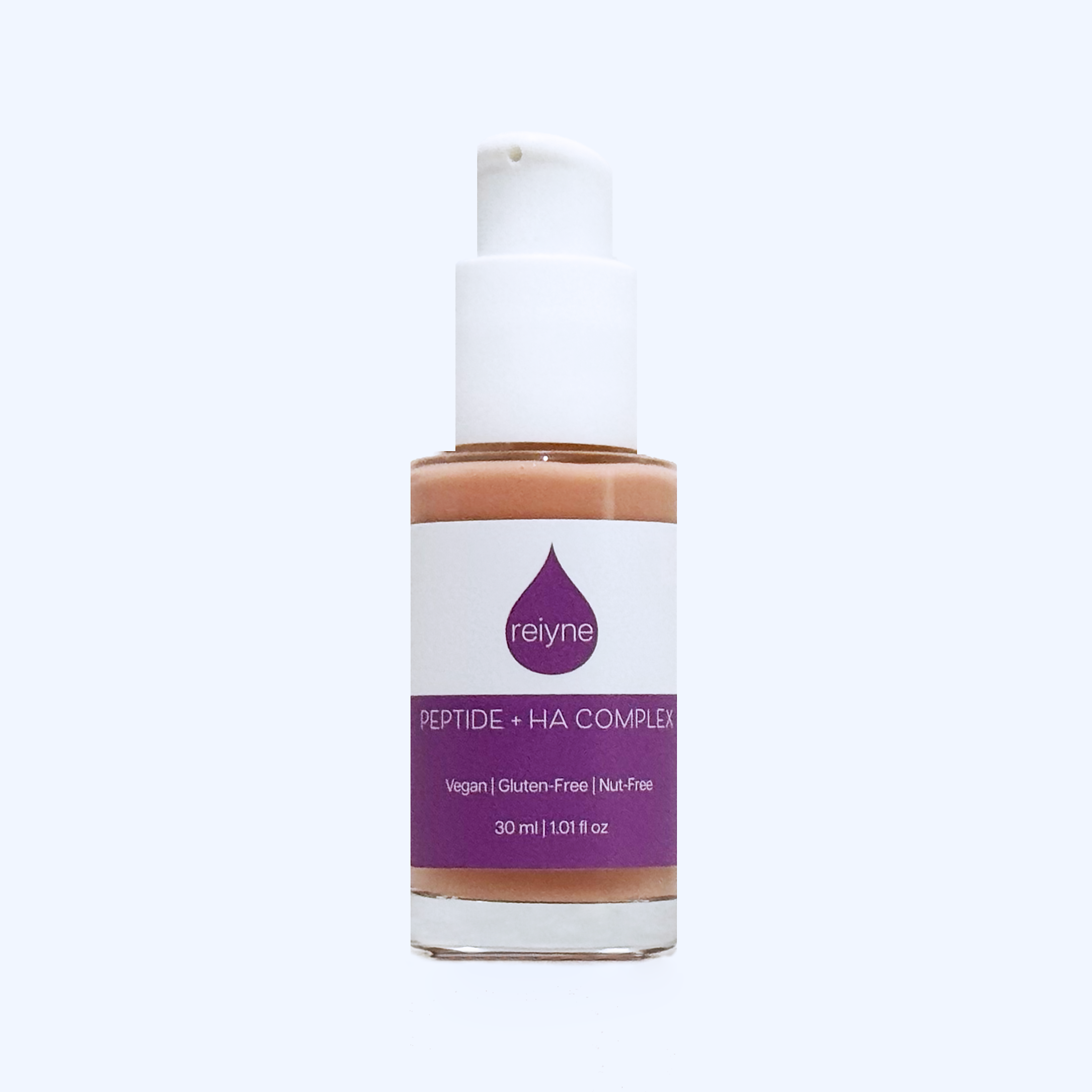 Reiyne Peptide + HA Complex in a clear bottle with white airless pump and purple and white label