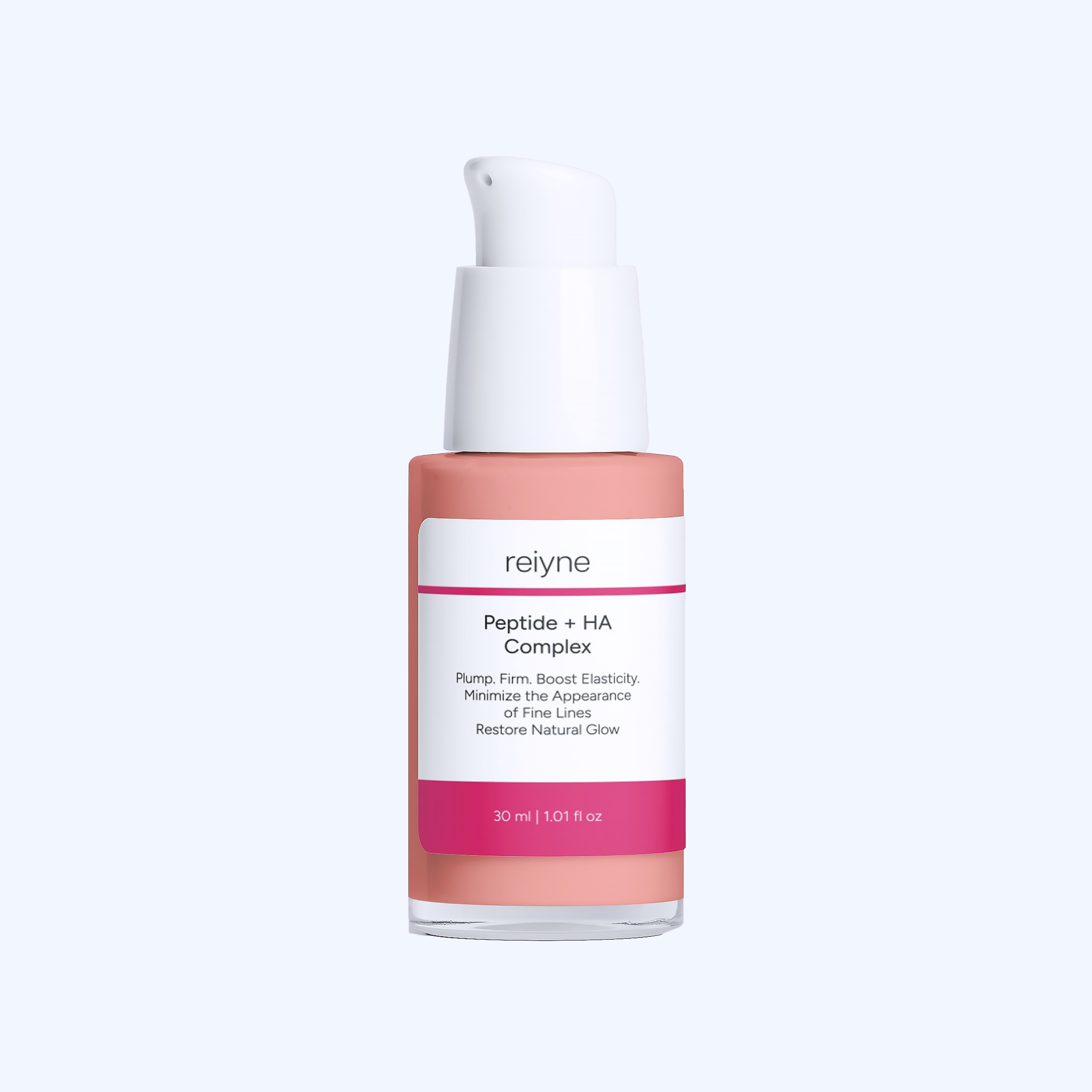 Reiyne Peptide + HA Complex in a clear bottle with white airless pump and purple and white label