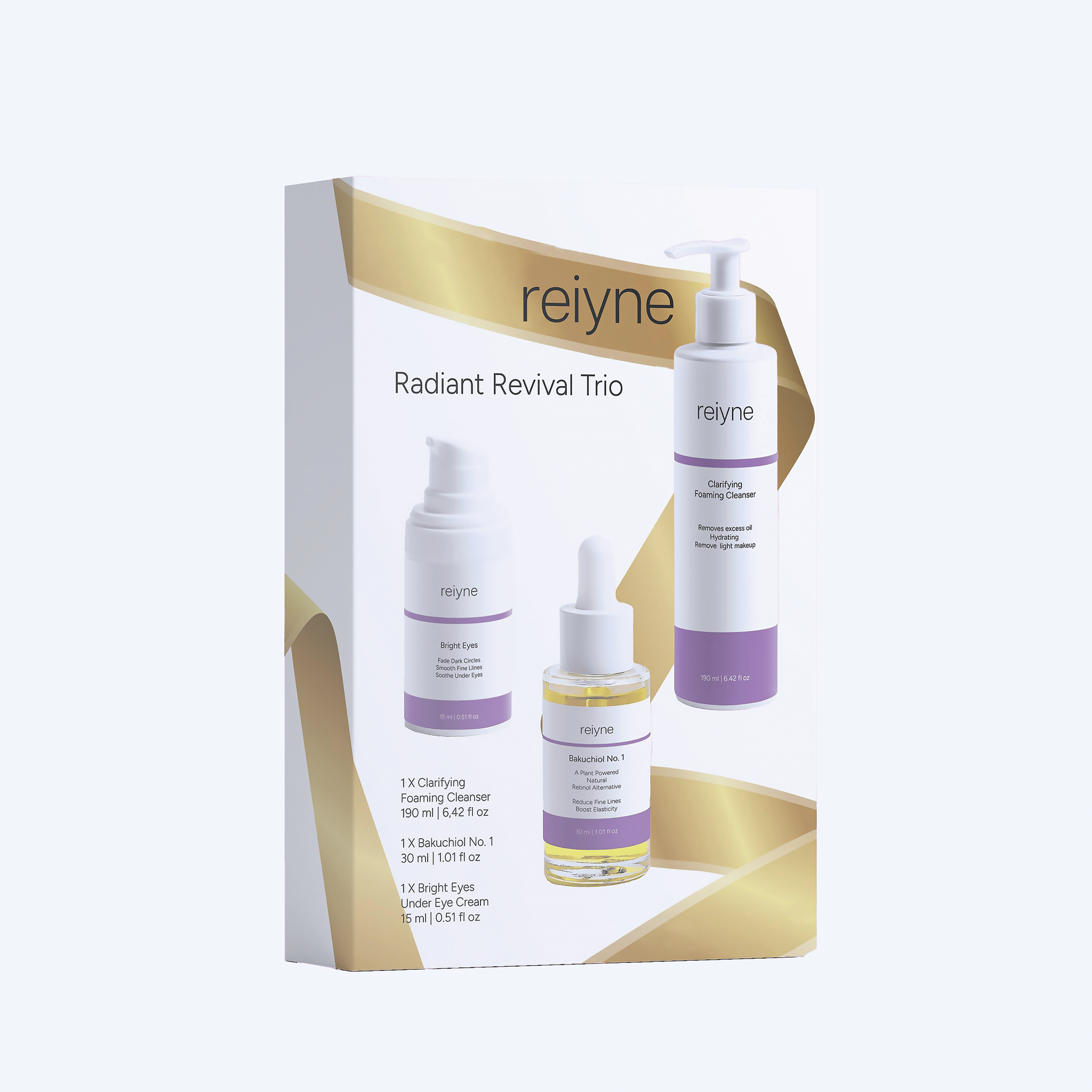 Reiyne Radiant Revival Trio Contains Bakuchiol Oil in Pink, purple and white dropper bottle with clarifying foaming cleanser in blue and white pump bottle and Bright Eyes under eye cream with pink and purple airless pump bottle