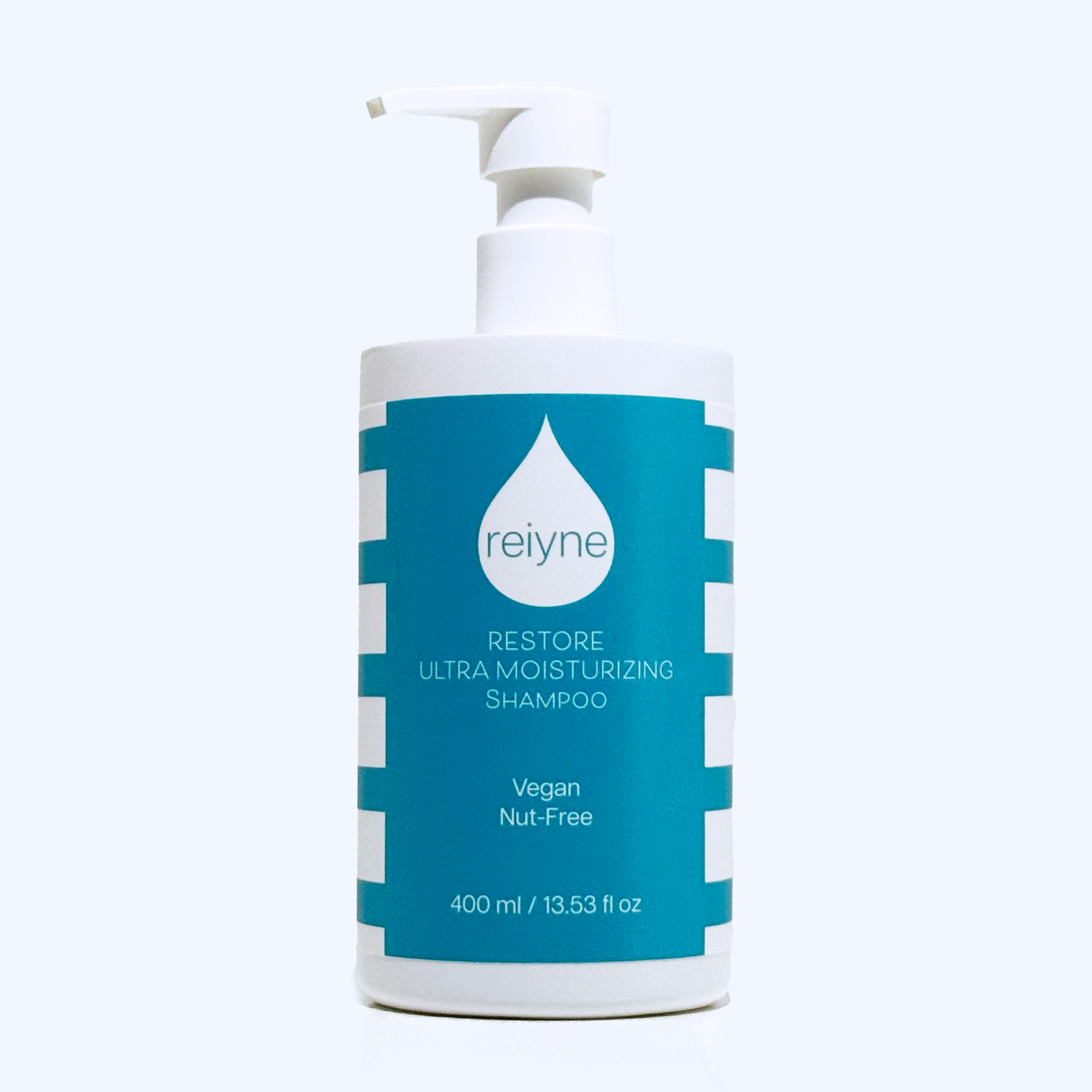 Reiyne Restore Ultra Moisturizing Shampoo in a white pump bottle with Blue and white label