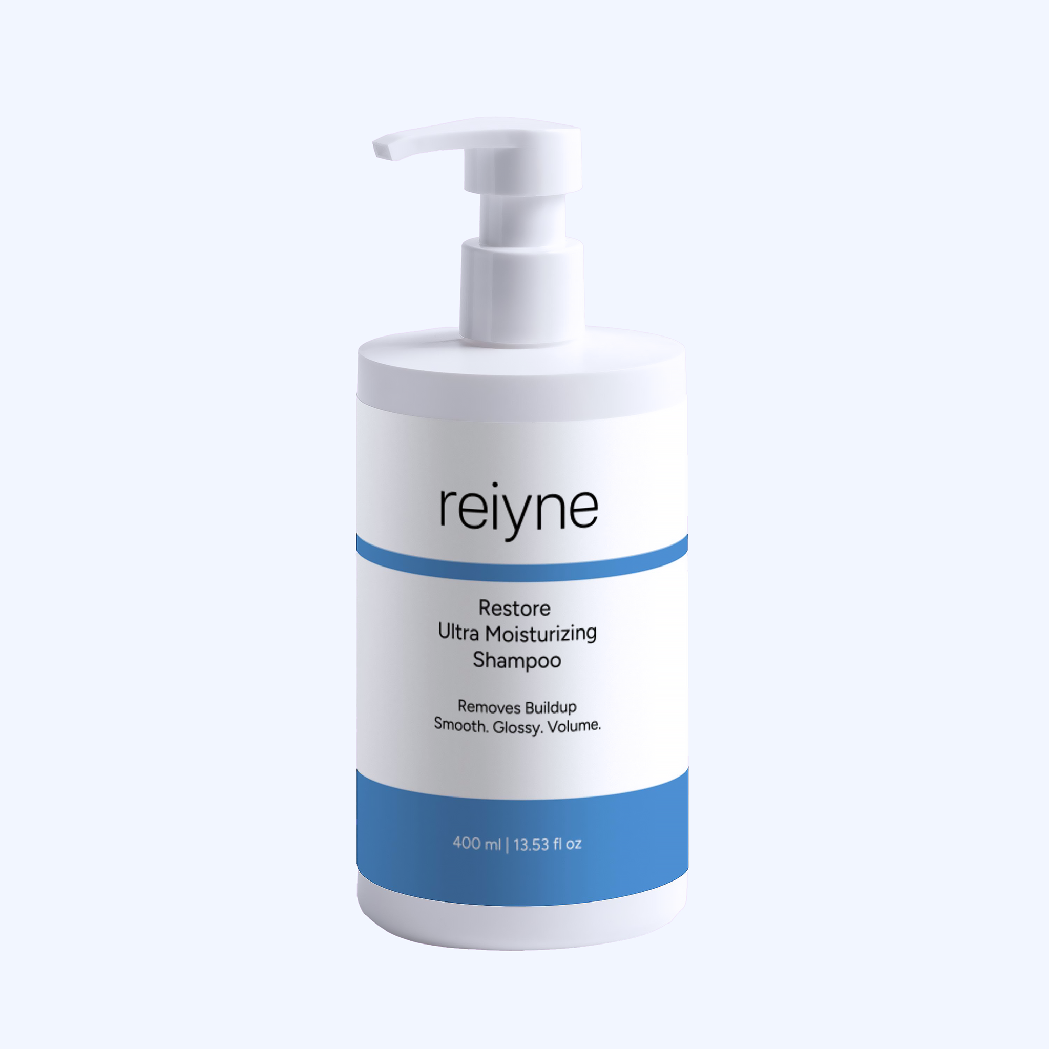 Reiyne Restore Ultra Moisturizing Shampoo in a white pump bottle with Blue and white label