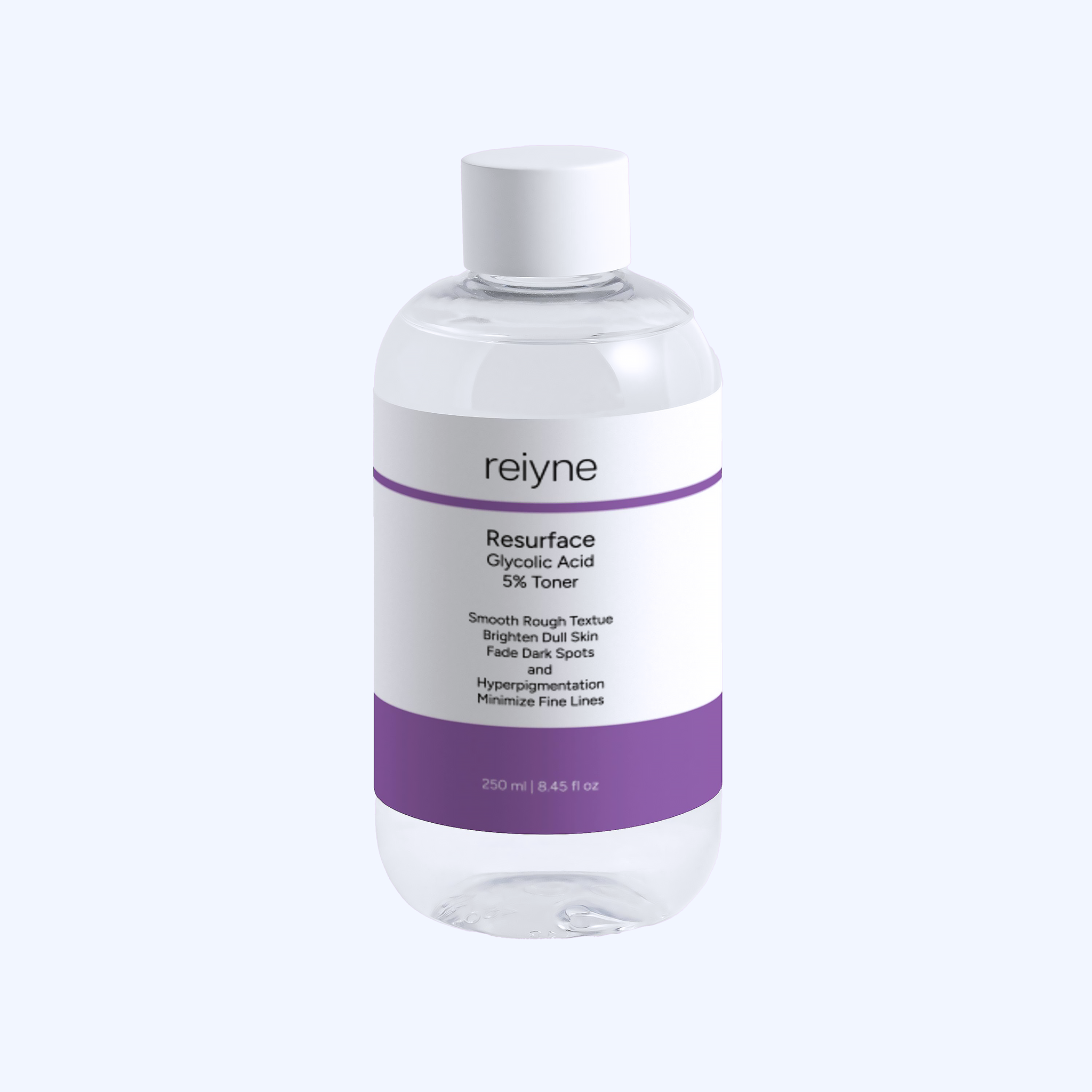 Reiyne Resurface Glycolic Acid Toner in a clear bottle with white cap and purple and White label