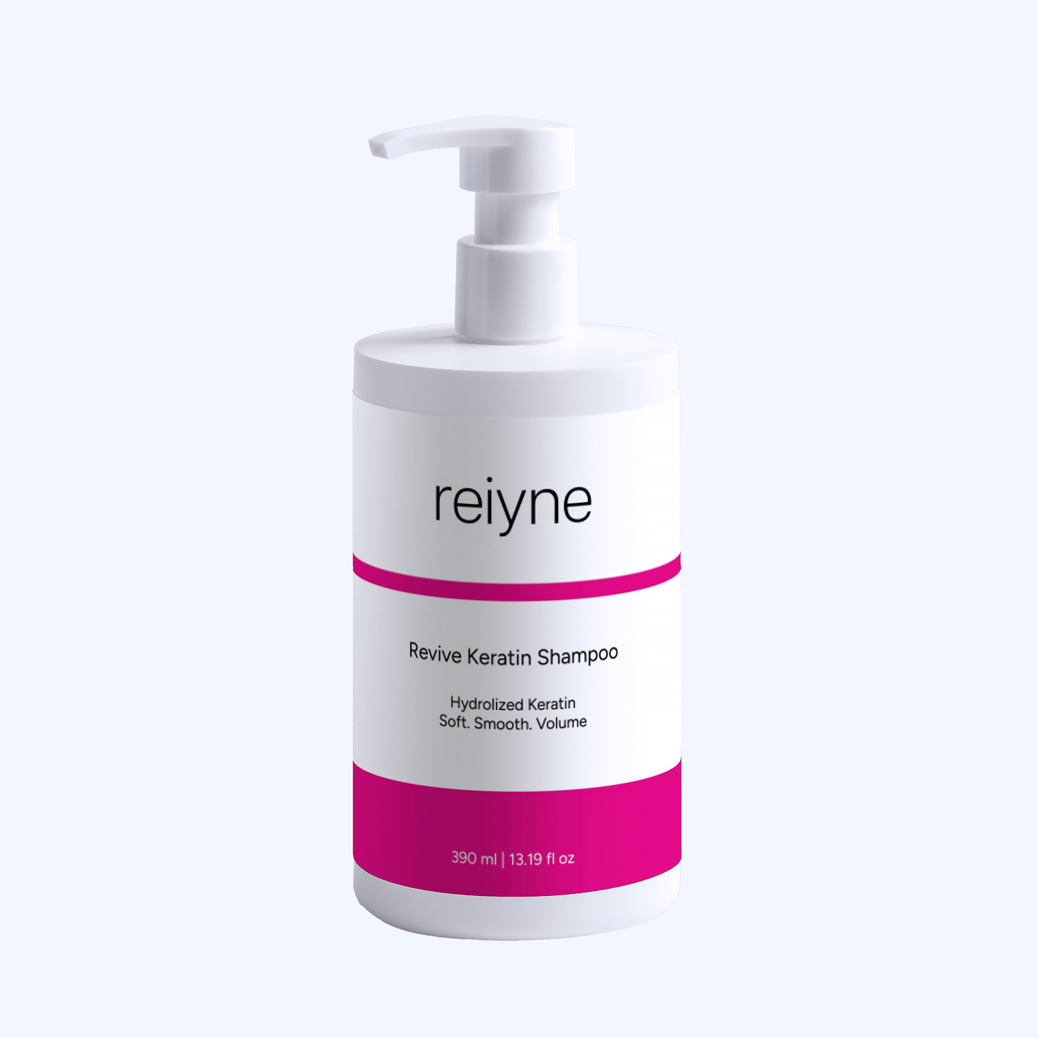 Reiyne Revive Keratin Shampoo in a white pump bottle with teal and white label