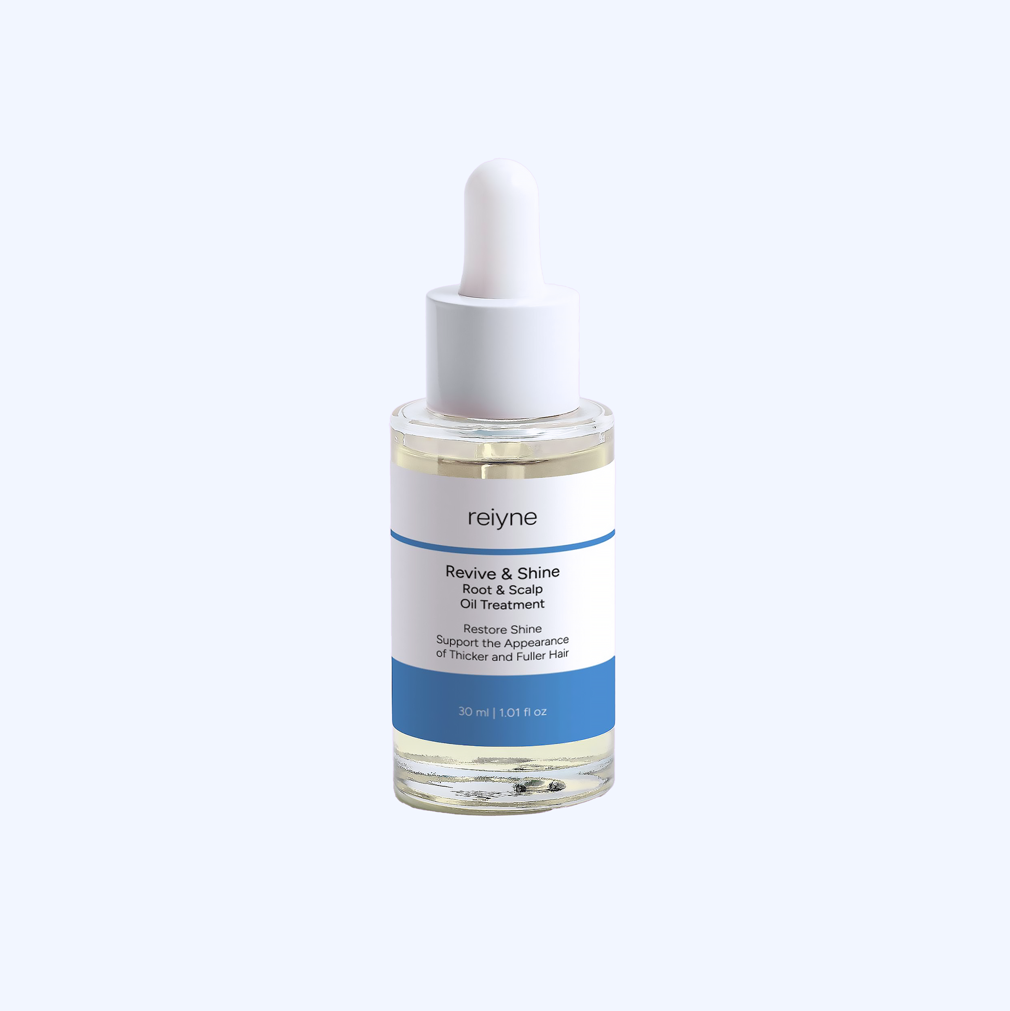 Reiyne Revive & Shine Root & Scalp Oil Treatment in a clear bottle with White Dropper and a blue and white label