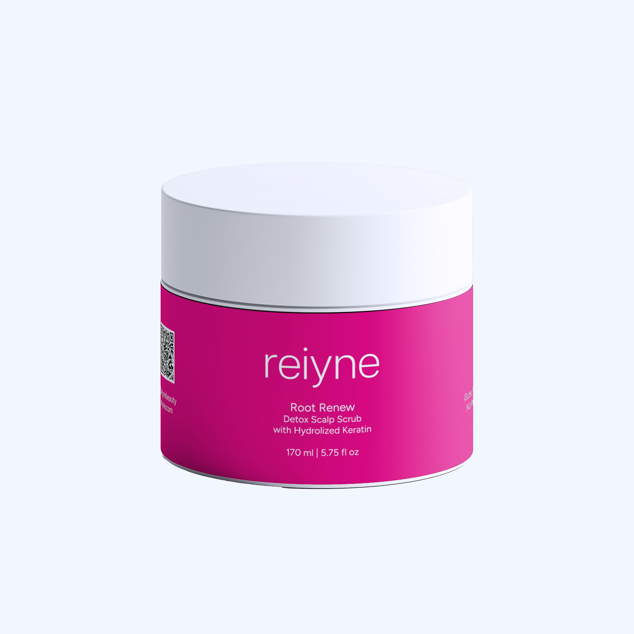 Reiyne Root Renew Detox Scalp Scrub in a white jar with a Blue and white label