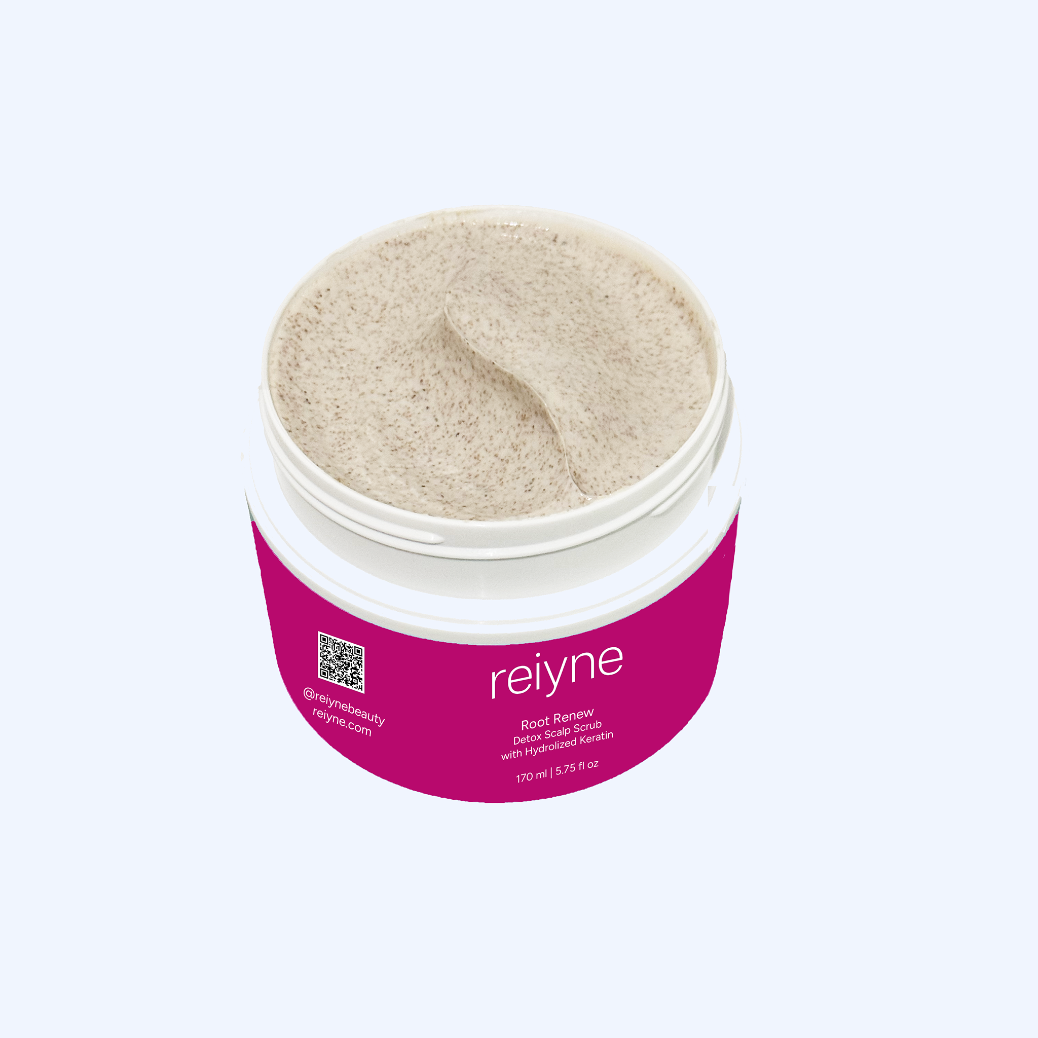 Reiyne Root Renew Detox Scalp Scrub in a white jar with a Blue and white label
