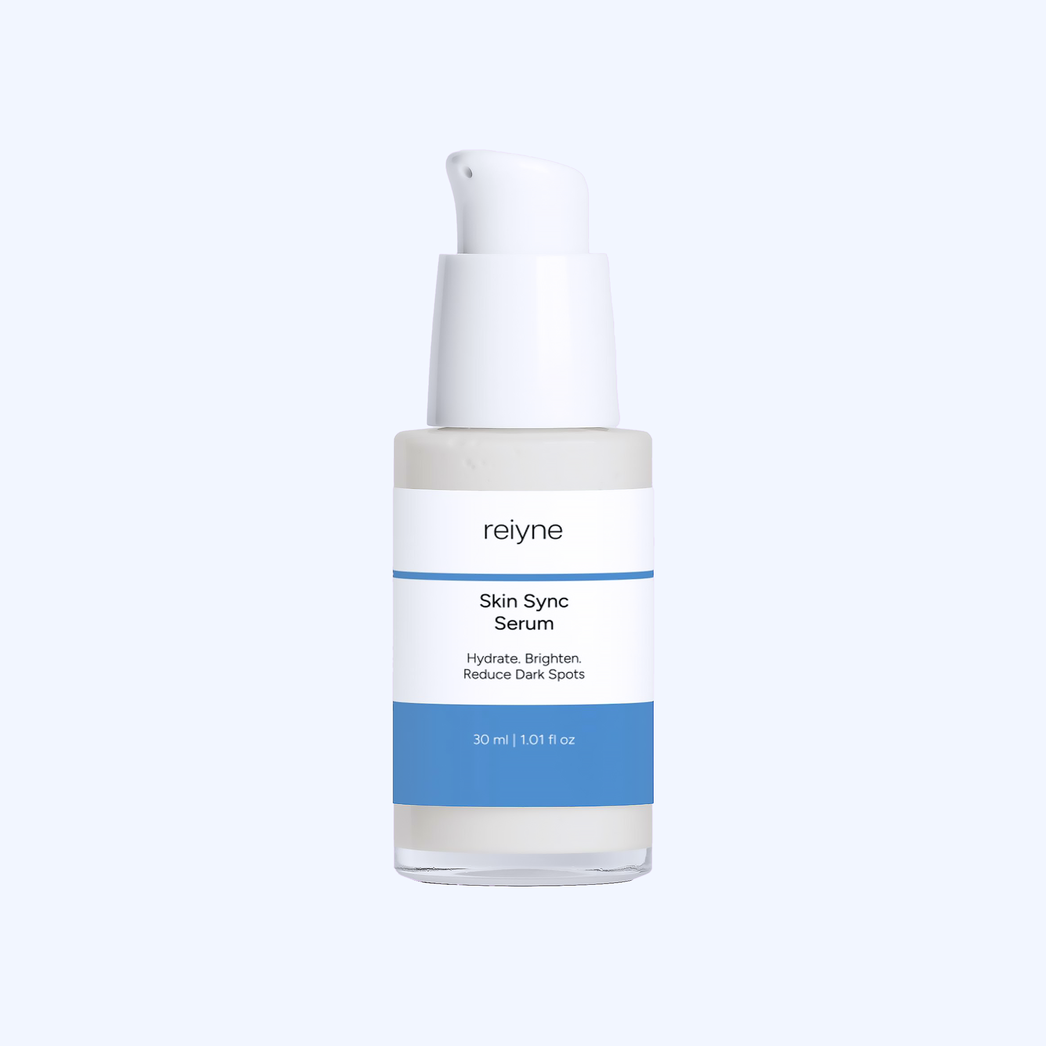 Reiyne Skin Sync Serum in a clear bottle white airless pump and a purple and white label