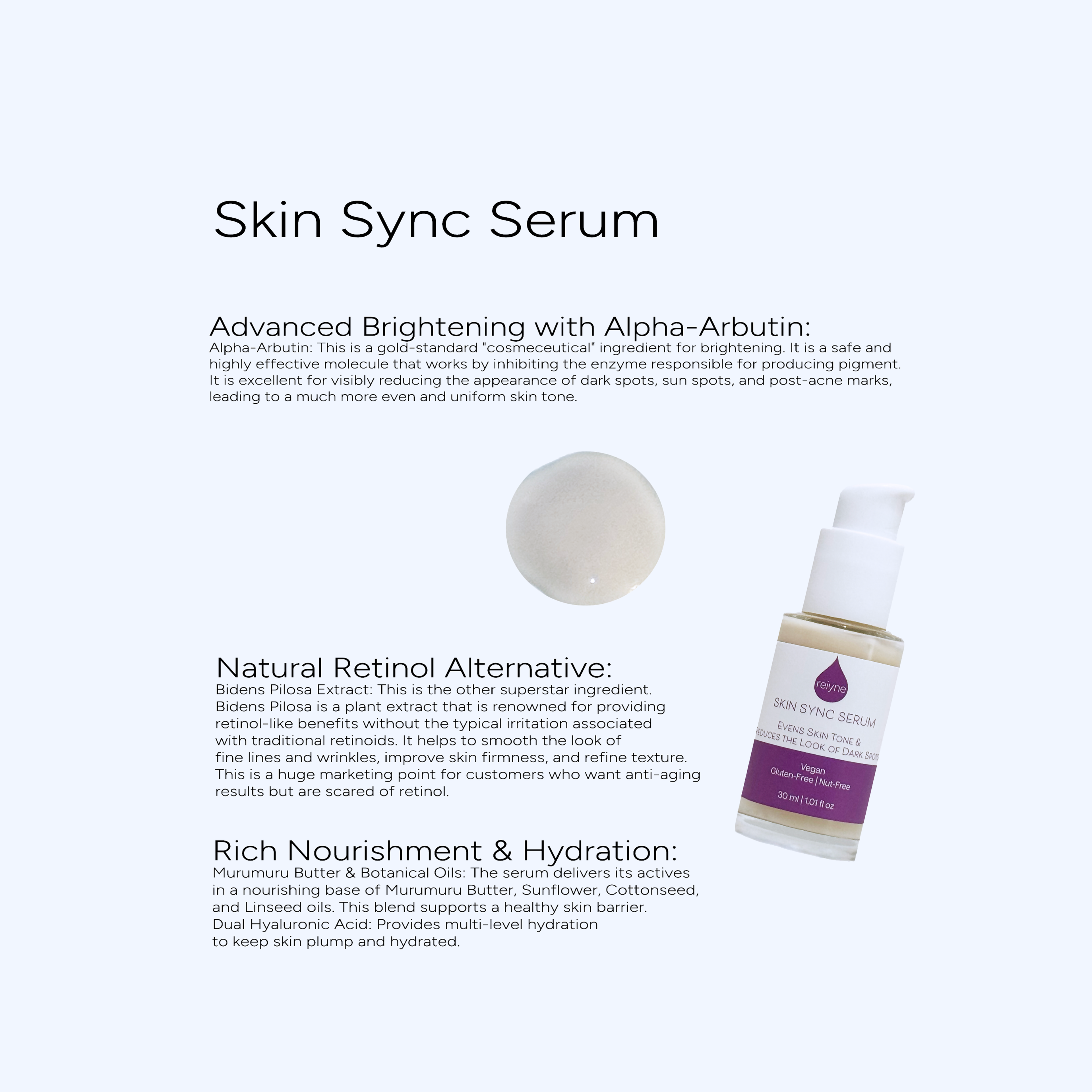 Reiyne Skin Sync Serum in a clear bottle white airless pump and a purple and white label